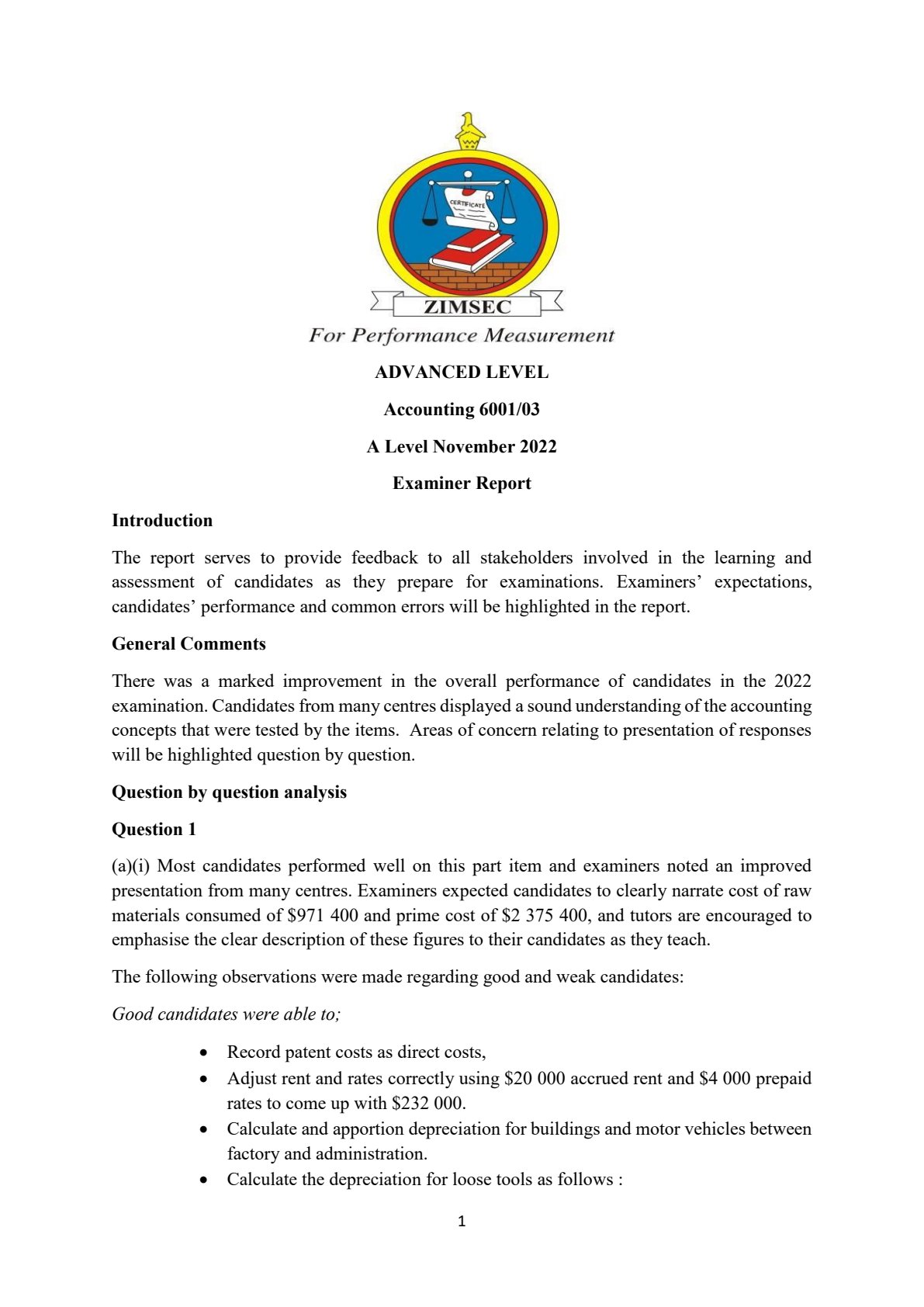 First page of Advanced Level Accounting 6001/03 November 2022 Examiner Report Marking Scheme