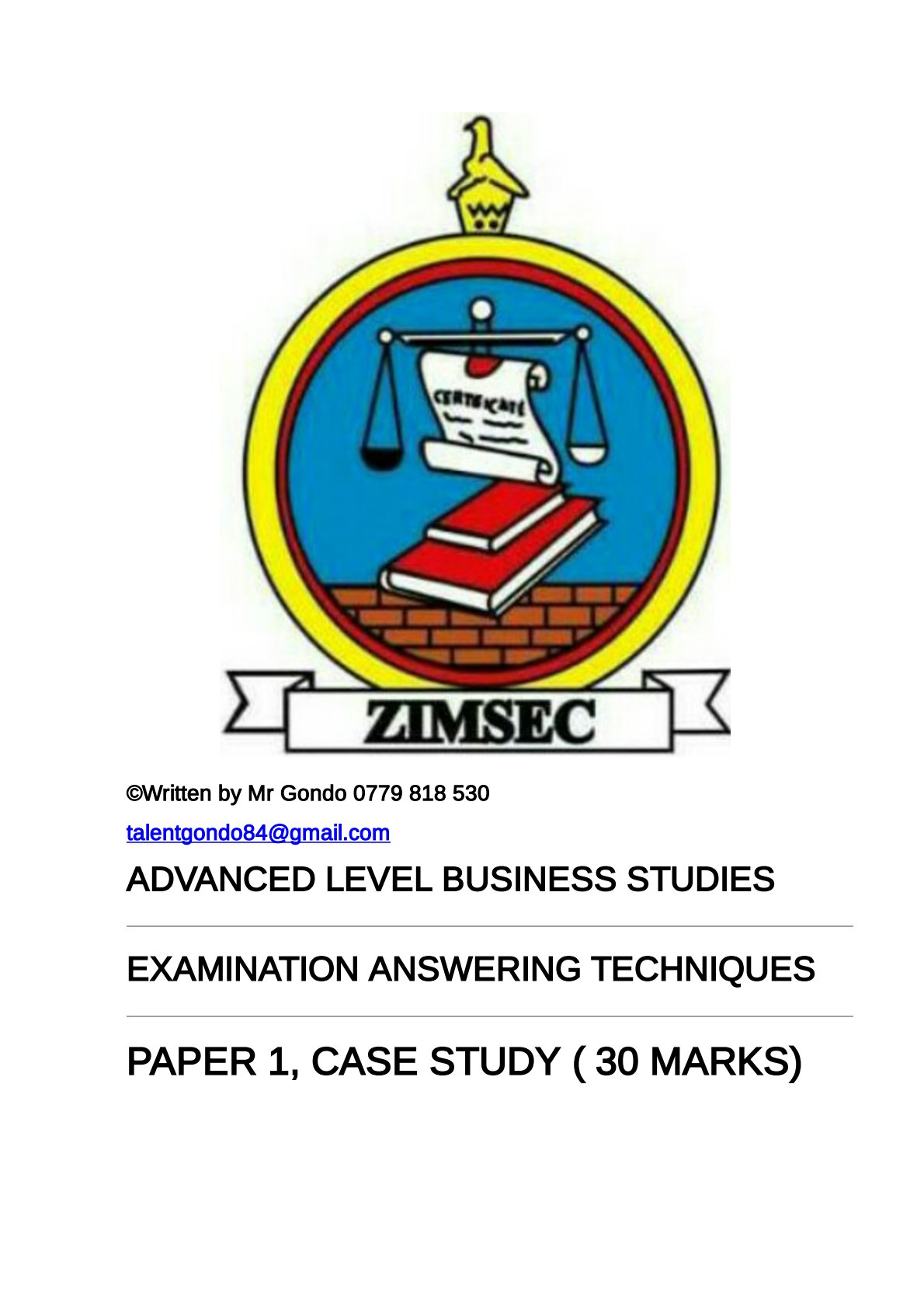 First page of Advanced Level Business Studies Examination Answering Techniques