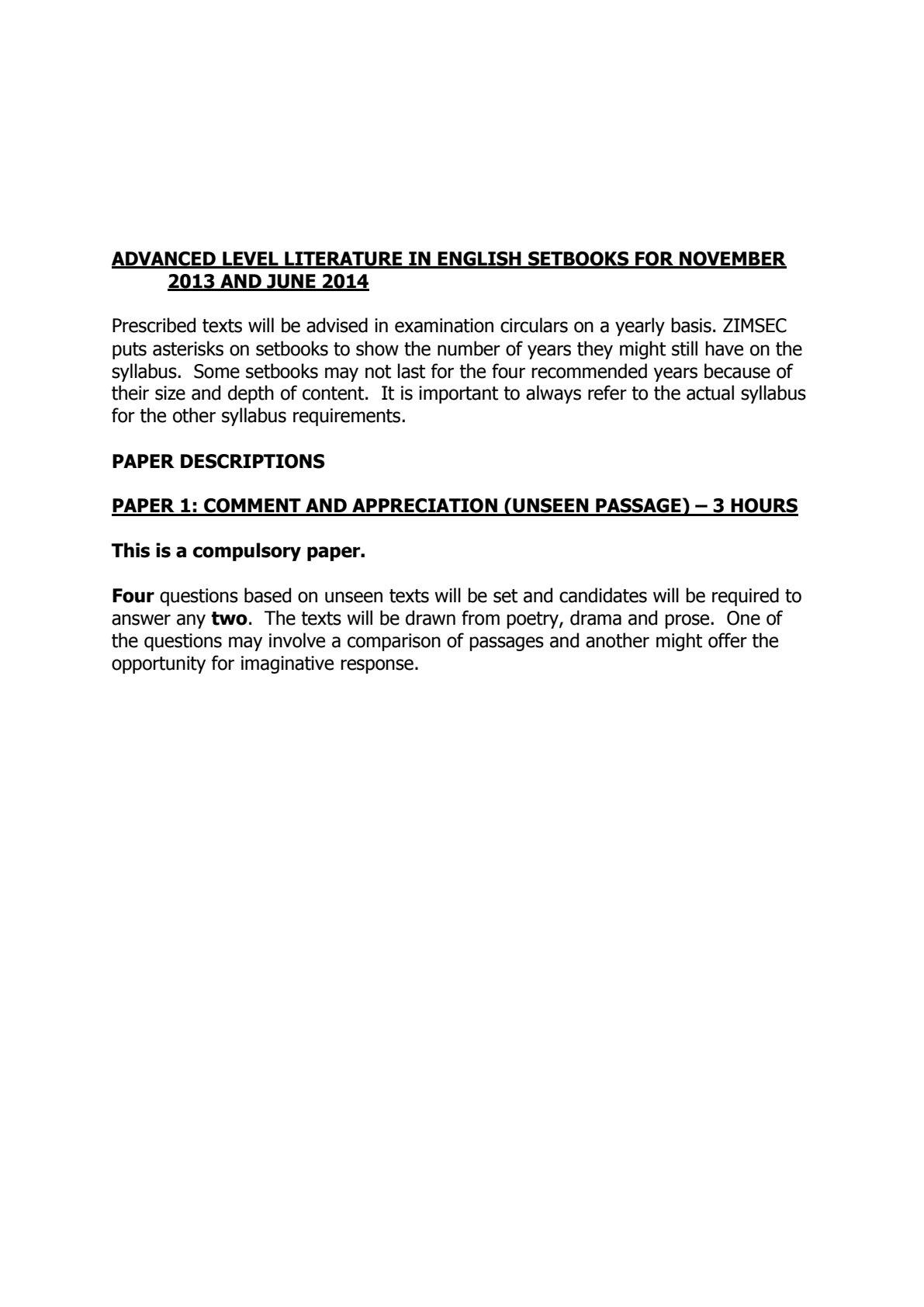 First page of Advanced Level Literature in English Setbooks for November 2013 and June 2014