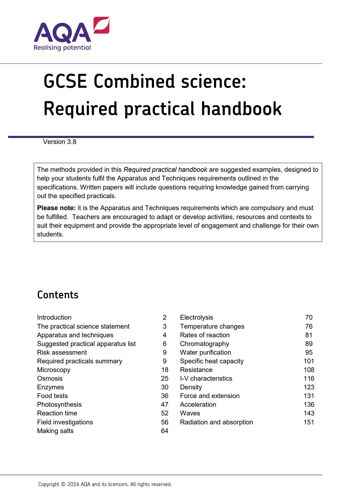 First page of AQA GCSE Combined Science 2016 Study Guide