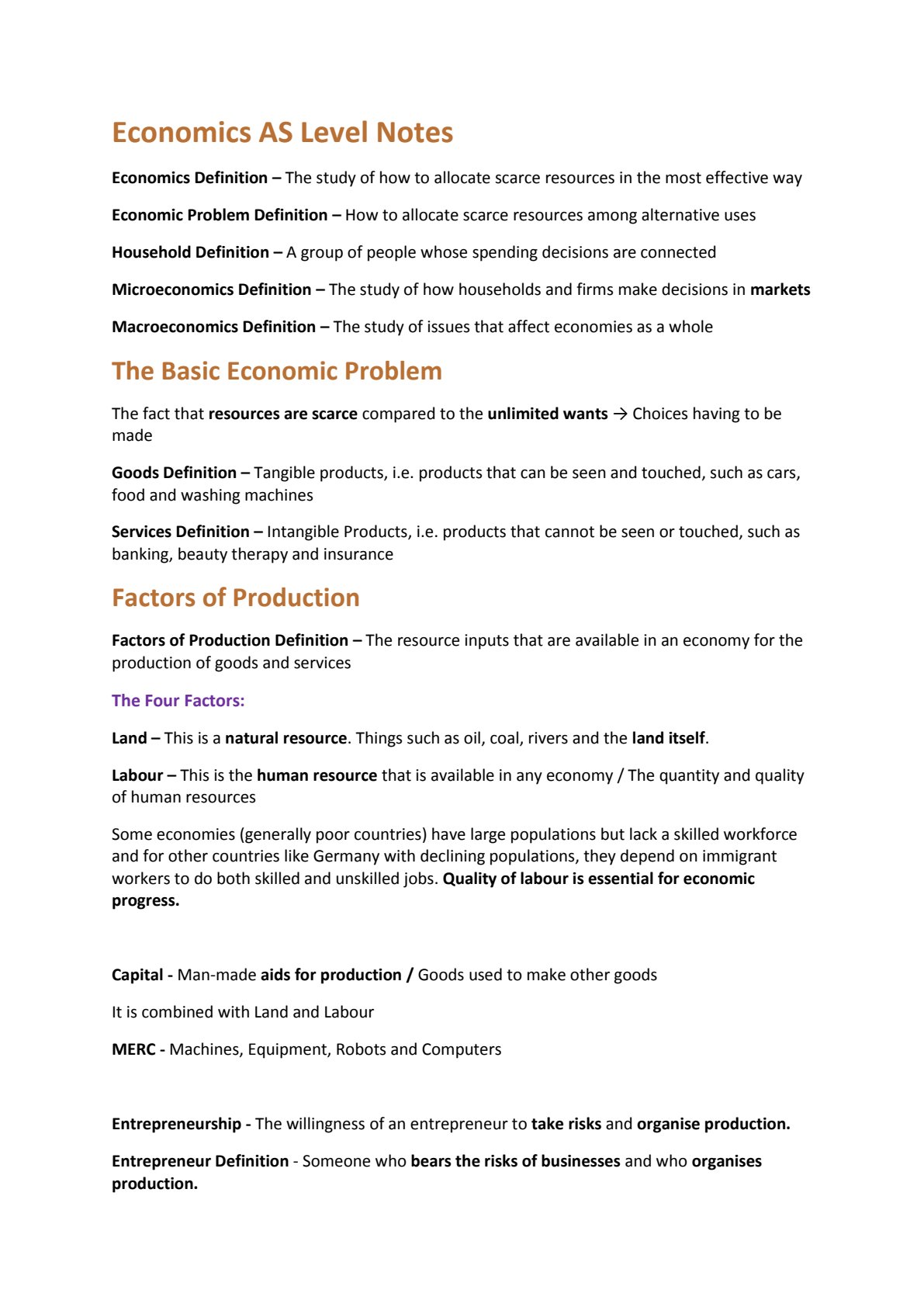 First page of AS Level Economics Basic Economic Concepts Notes Zimbabwe