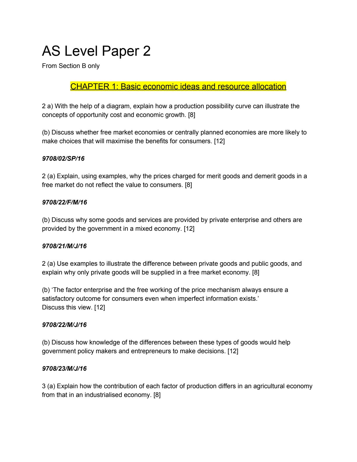 First page of AS Level Economics Basic economic ideas and resource allocation Revision Pack Zimbabwe