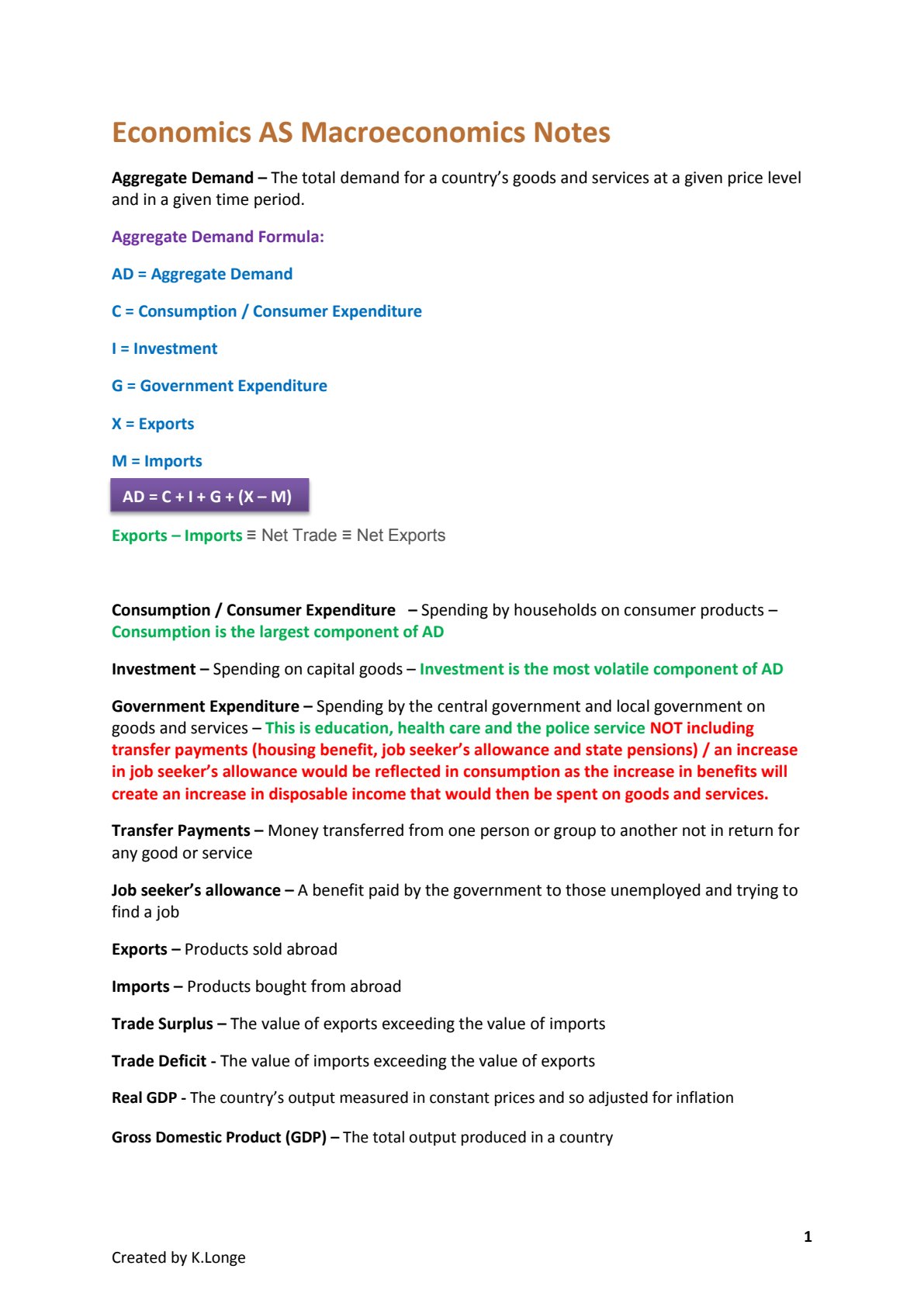 First page of AS-Level Economics Macroeconomics Notes Zimbabwe