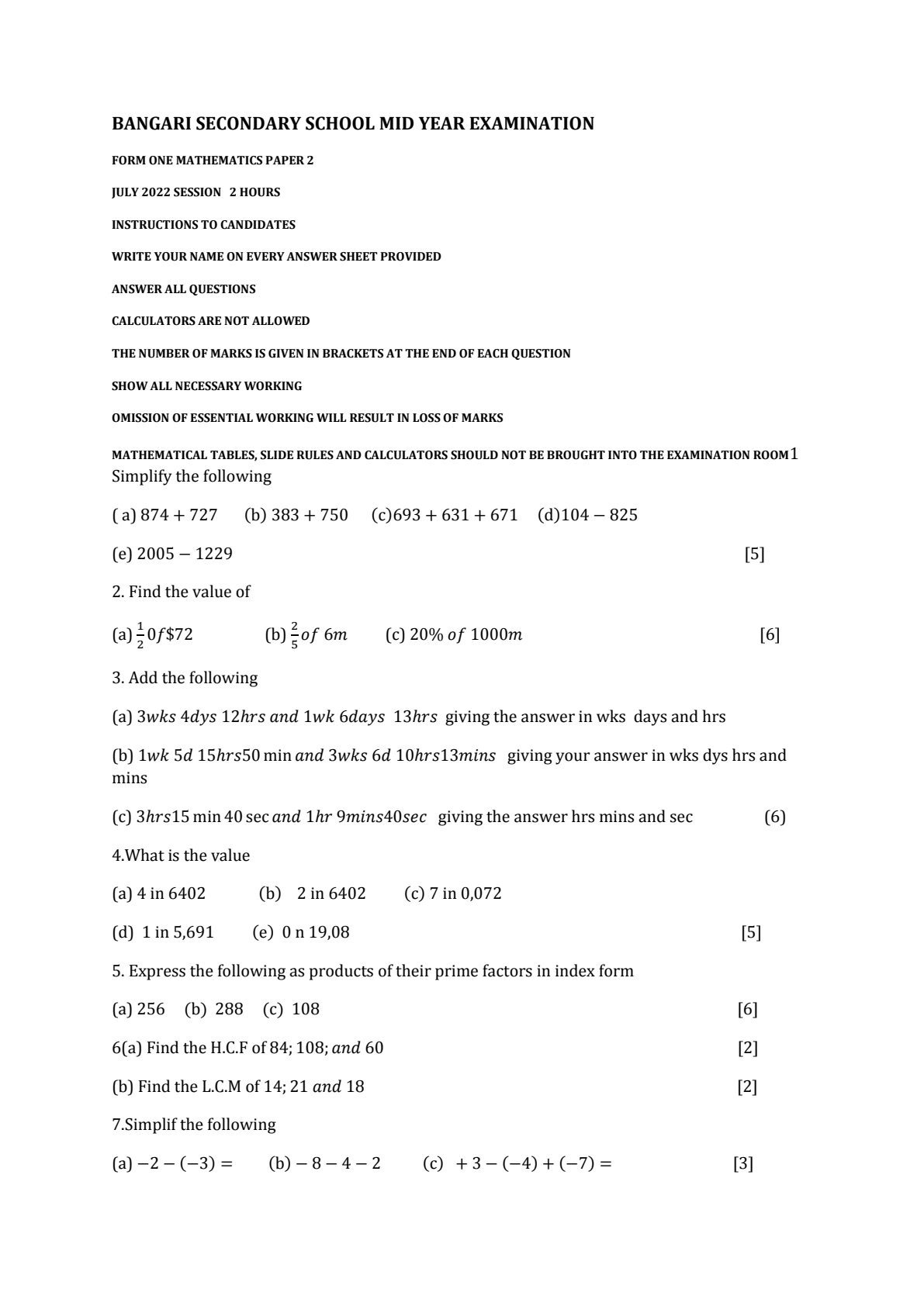 First page of Bangari Secondary School Form 1 Mathematics July 2022 Question Paper