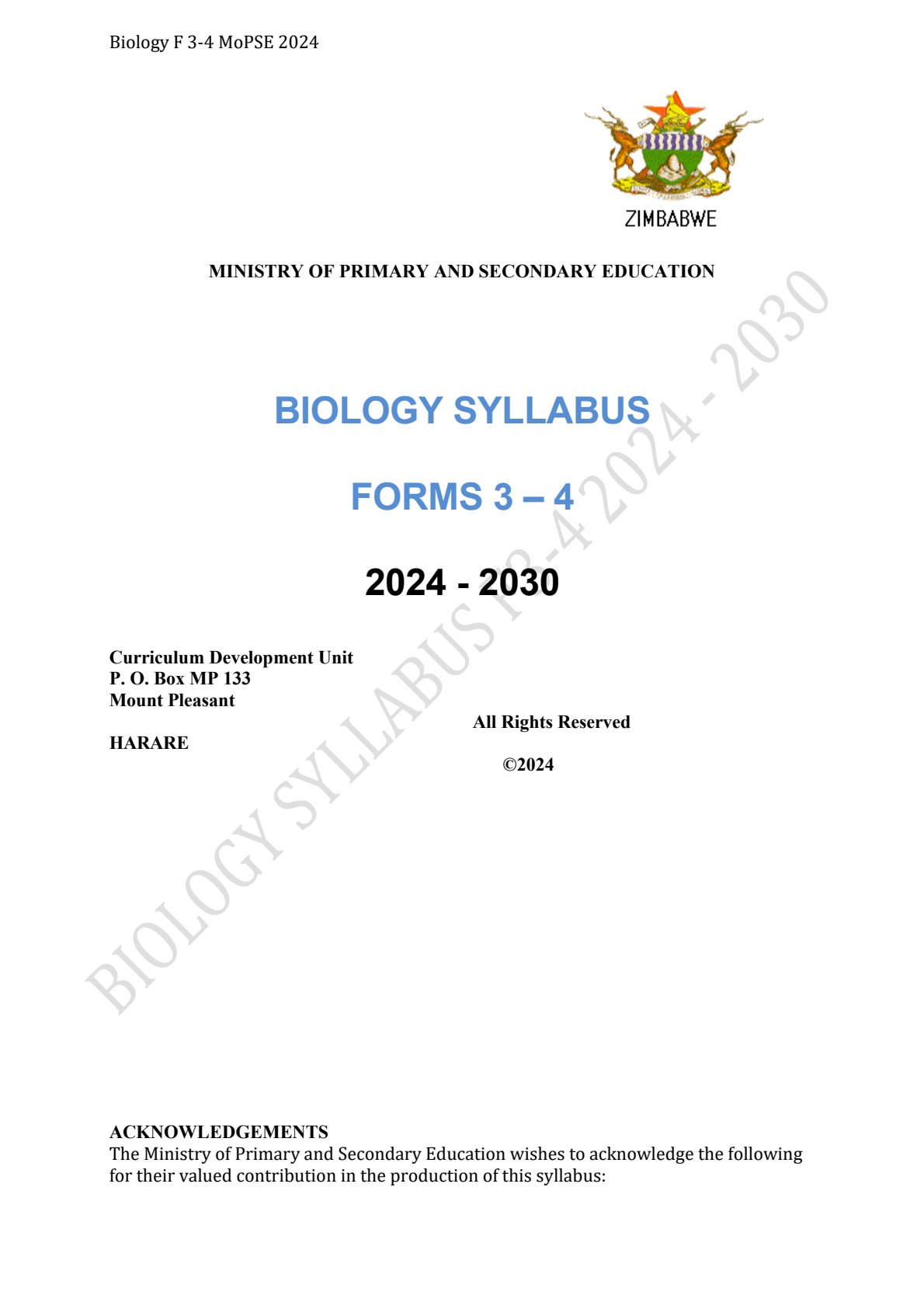 First page of Biology Syllabus Forms 3-4 2024-2030