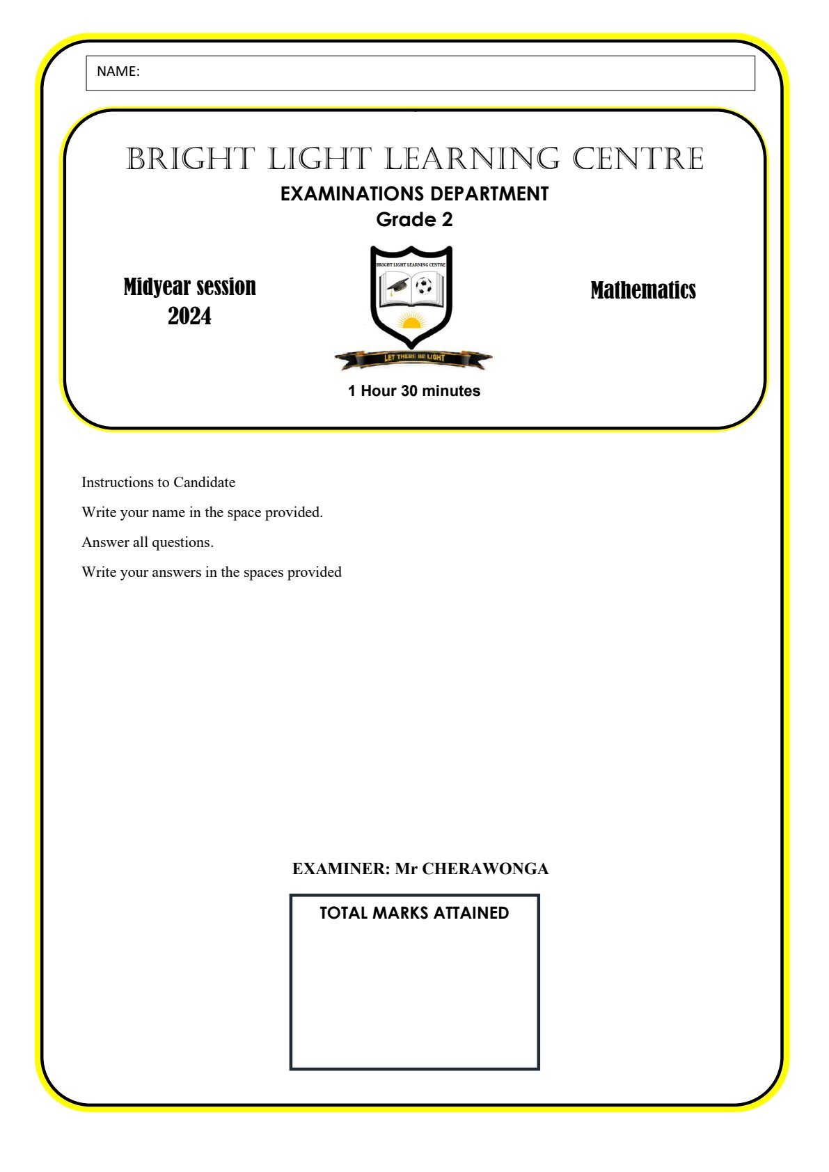First page of Bright Light Learning Centre Grade 2 Mathematics Midyear 2024 Question Paper