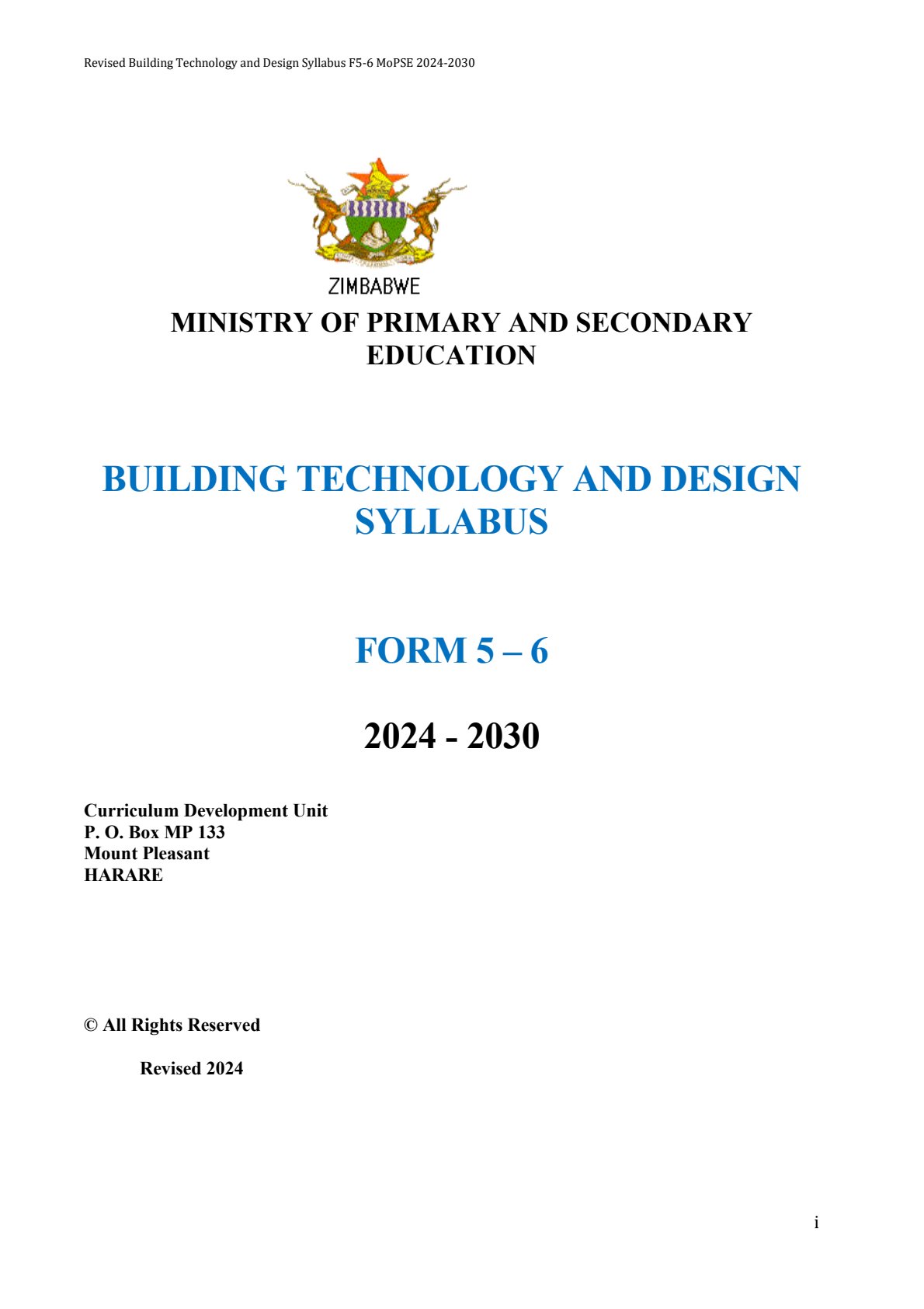 First page of Building Technology and Design Syllabus Forms 5-6 2024-2030