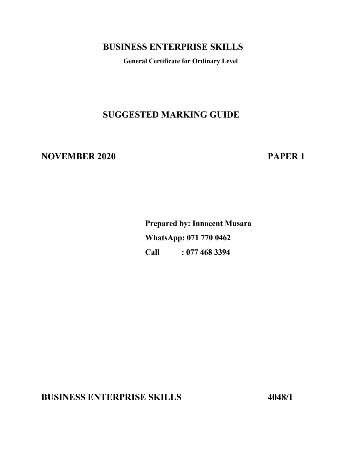 First page of BUSINESS ENTERPRISE SKILLS SUGGESTED MARKING GUIDE
