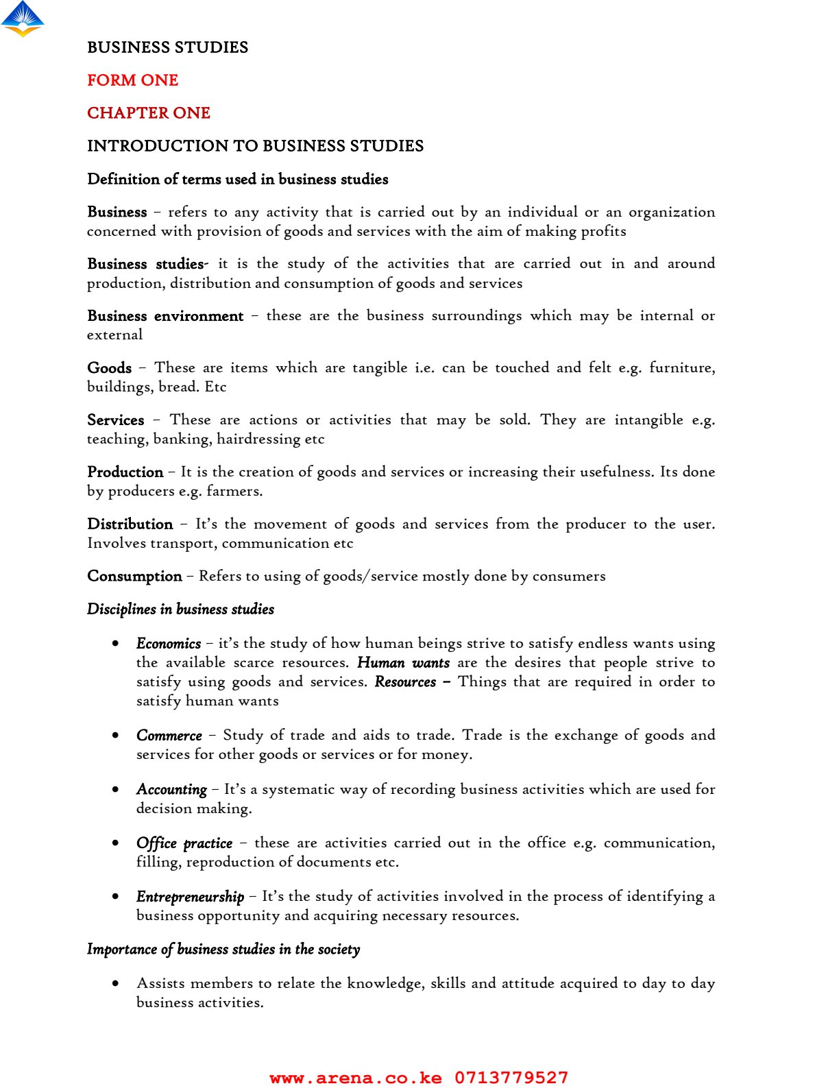 First page of Business Studies Form One Business Studies Form 1