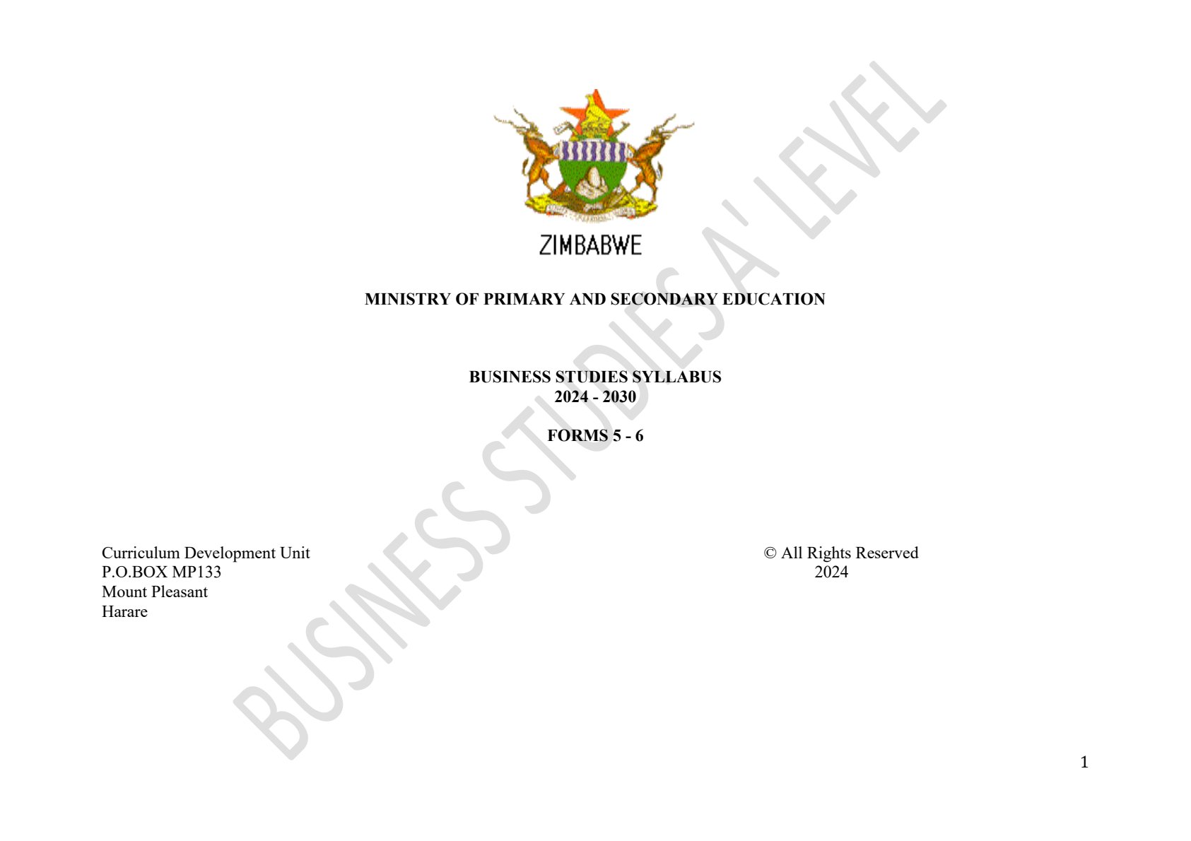 First page of Business Studies Syllabus Forms 5-6