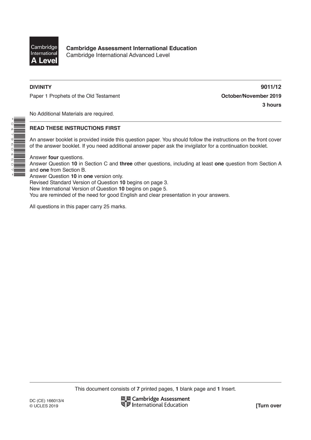 First page of CAIE A-Level Divinity Paper 1 October/November 2019 Question Paper