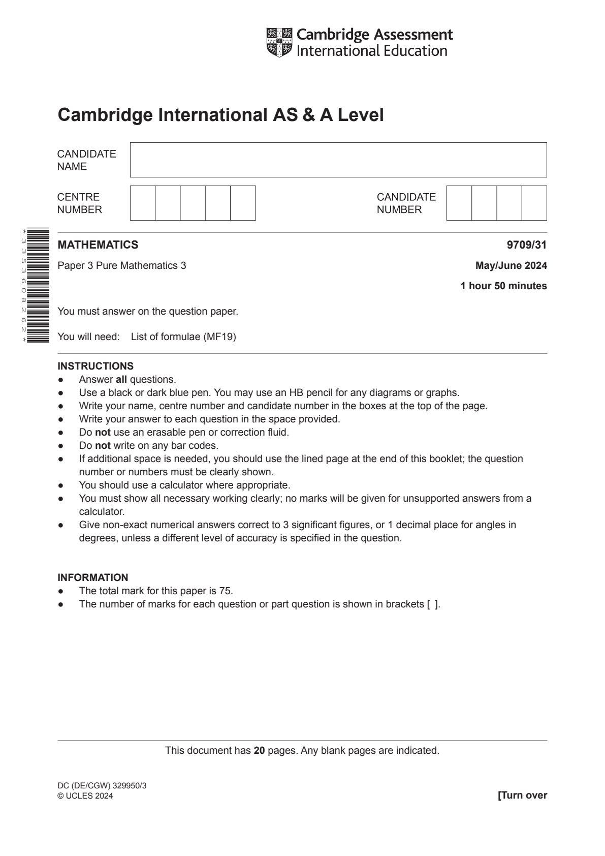 First page of CAIE A-Level Mathematics Paper 3 May/June 2024 Question Paper