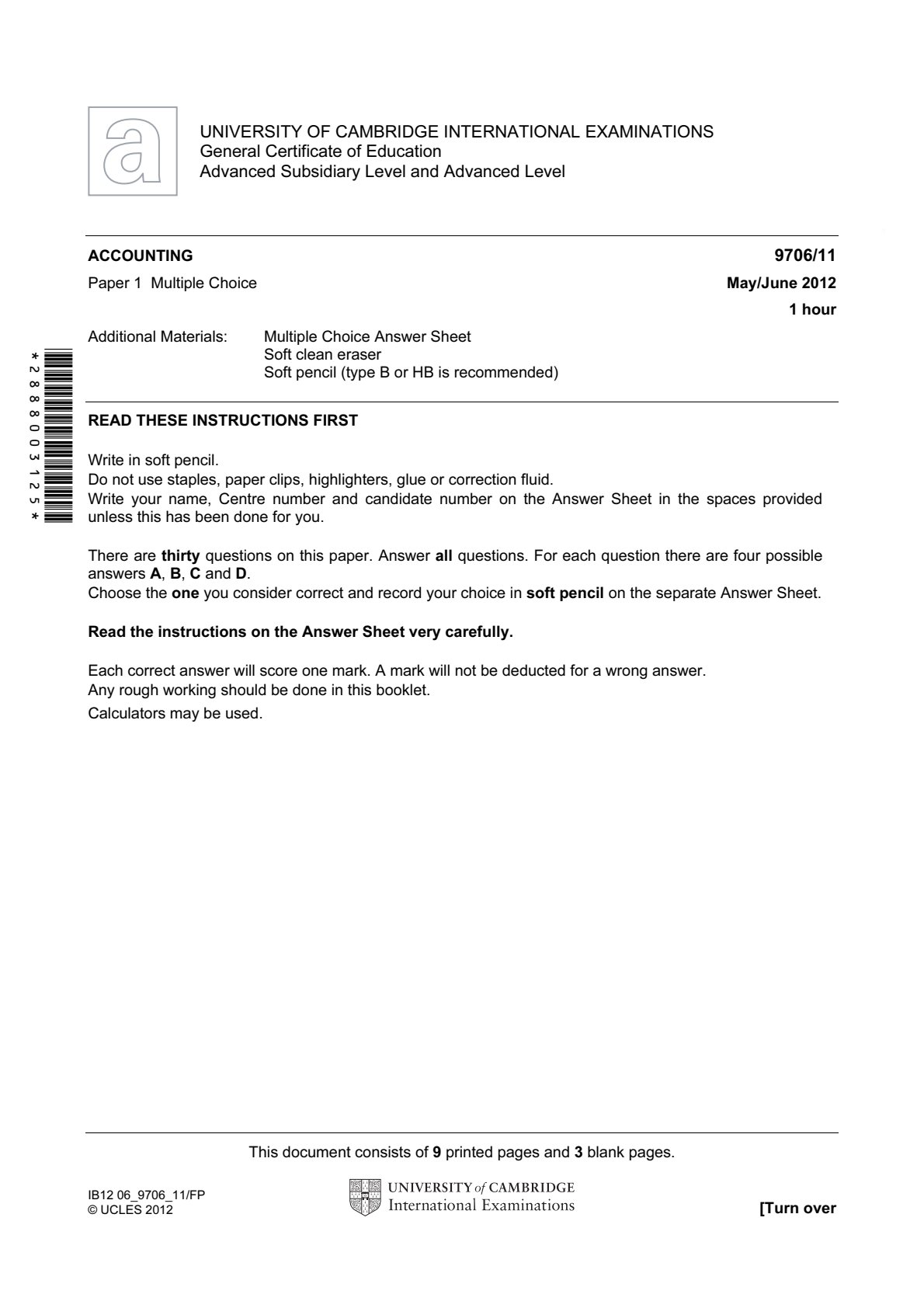 First page of CAIE A-Level Principles of Accounts Paper 1 May/June 2012 Question Paper