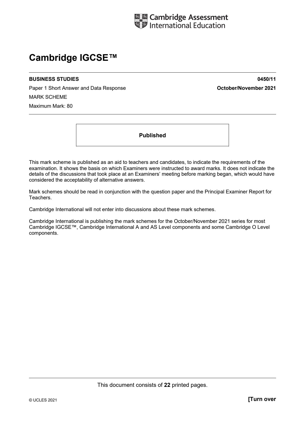 First page of CAIE IGCSE Business Studies Paper 1 October/November 2021 Marking Scheme