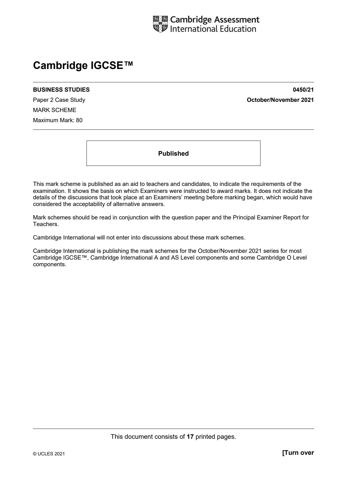 First page of CAIE IGCSE Business Studies Paper 2 October/November 2021 Marking Scheme