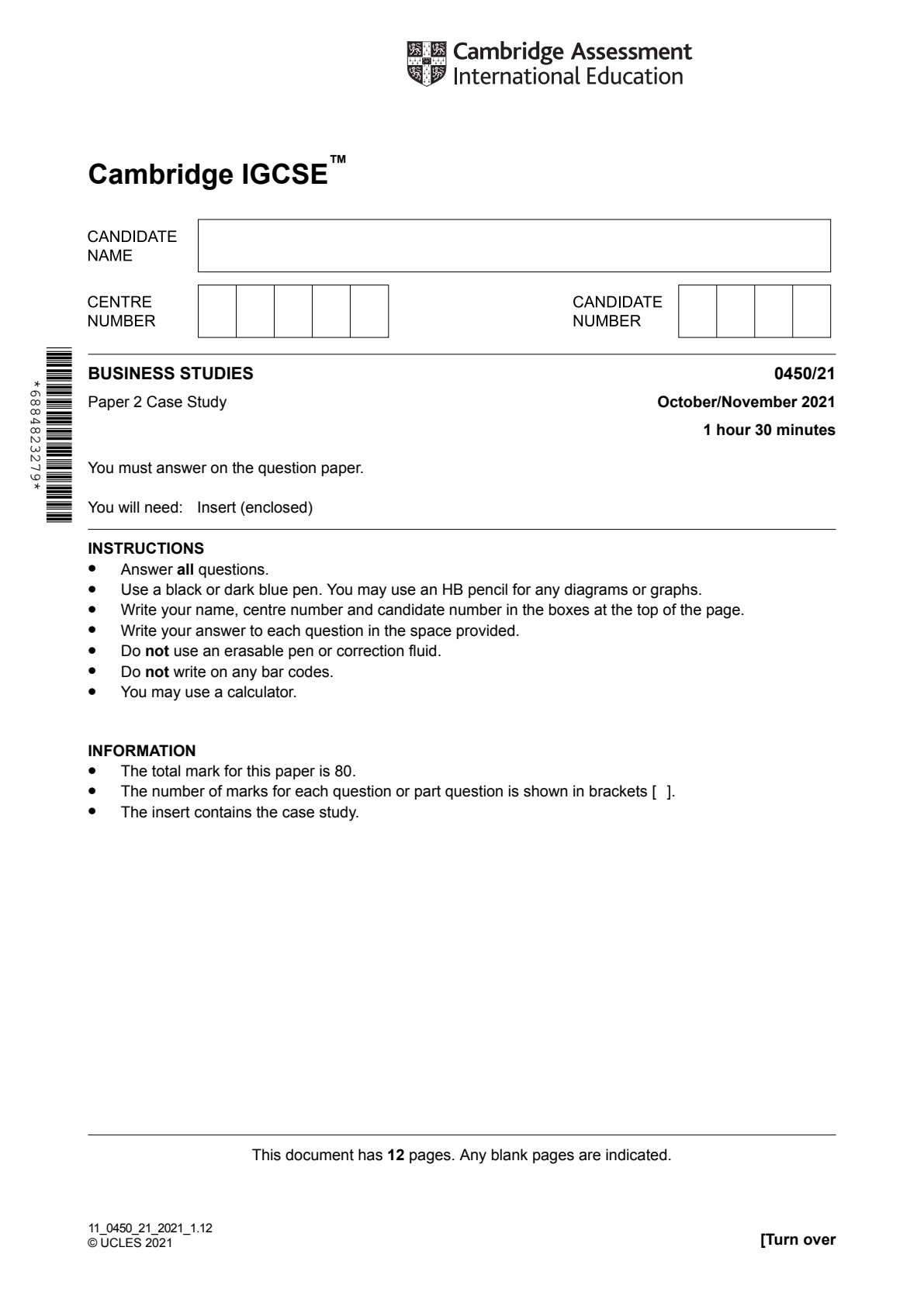 First page of CAIE IGCSE Business Studies Paper 2 October/November 2021 Question Paper