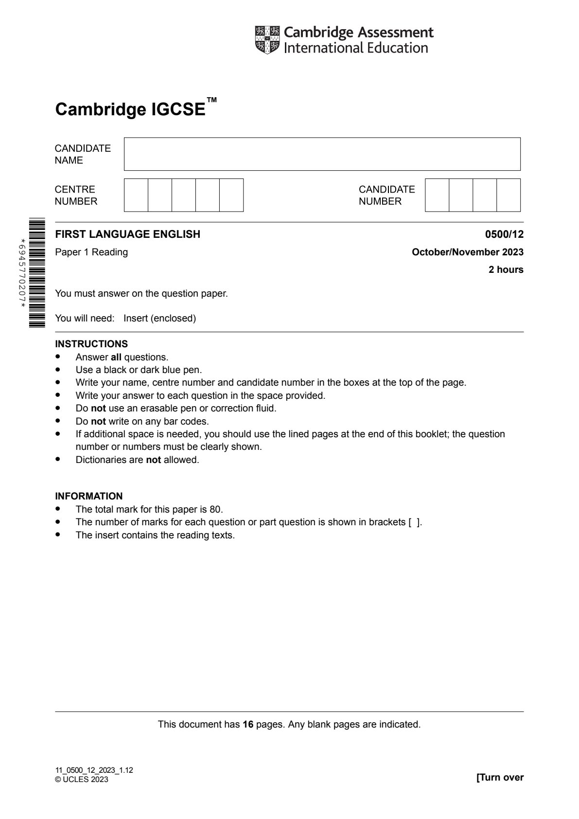 First page of CAIE IGCSE First Language English Paper 1 October/November 2023 Question Paper