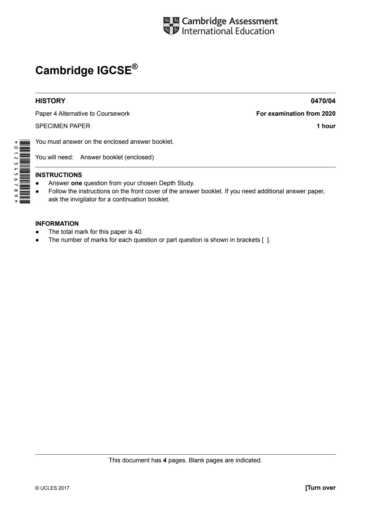First page of CAIE IGCSE History Paper 4 2020 Question Paper