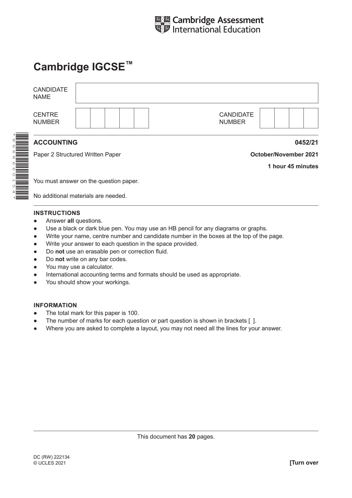 First page of CAIE IGCSE Principles of Accounts Paper 2 October/November 2021 Question Paper
