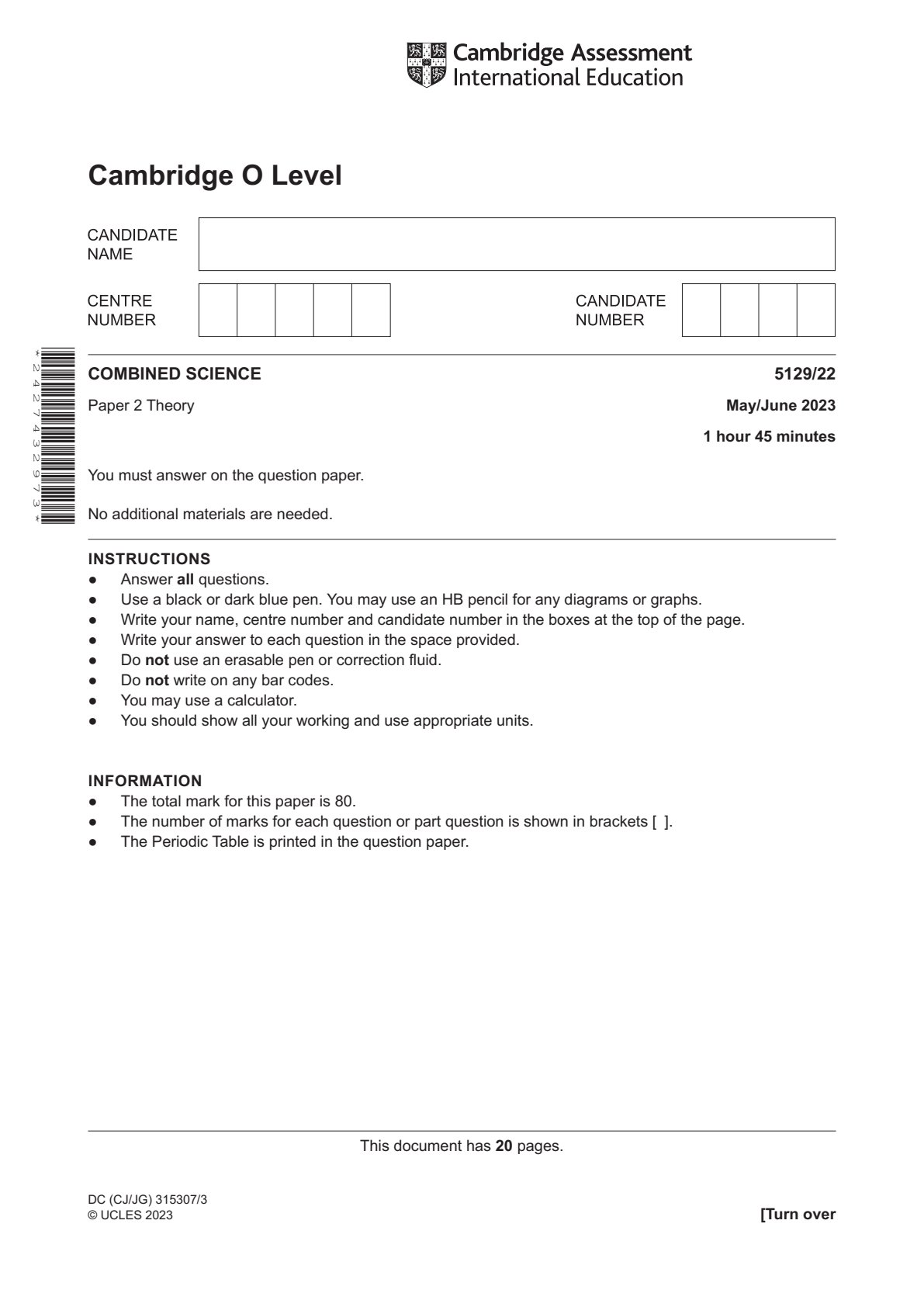 First page of CAIE O-Level Combined Science Paper 2 May/June 2023 Question Paper