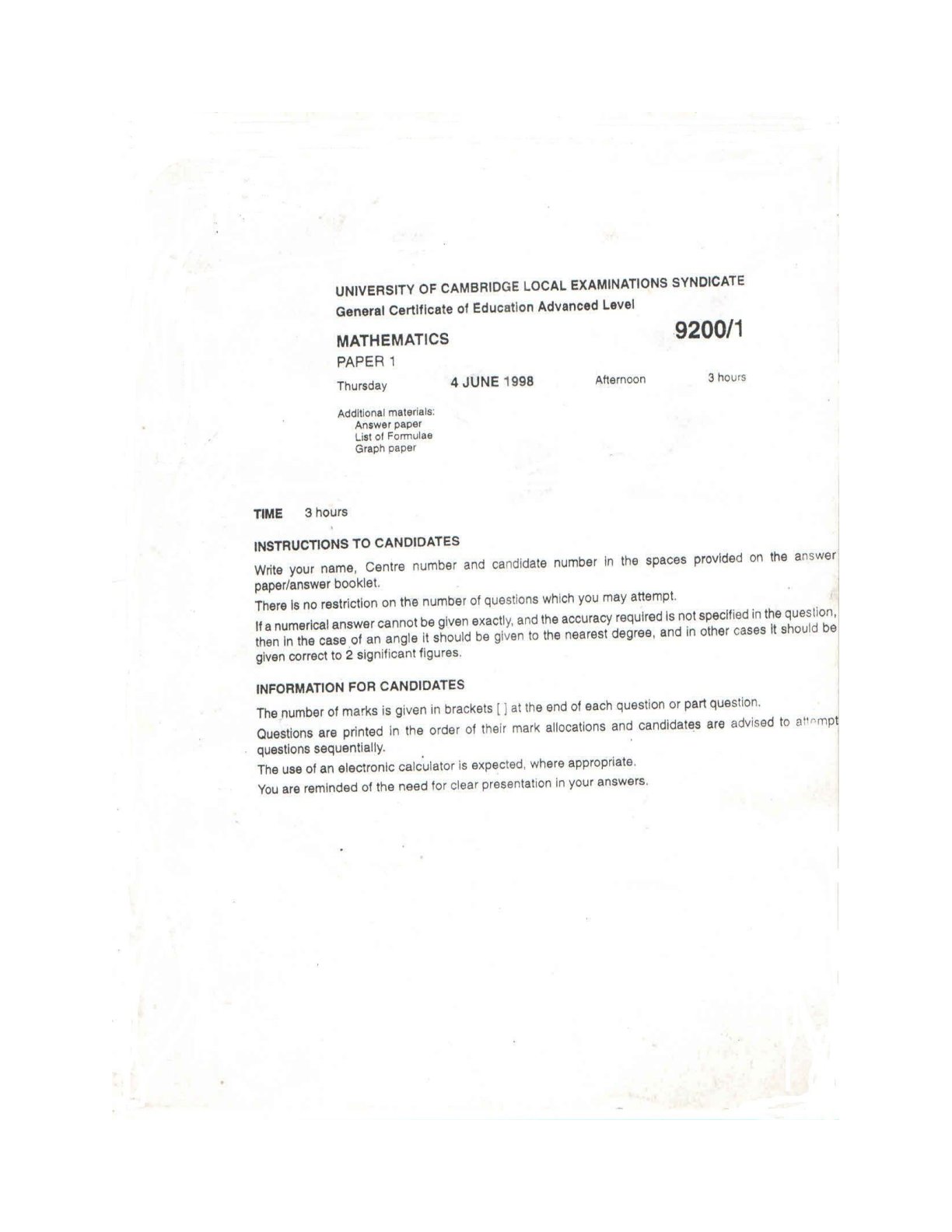 First page of Cambridge A-Level Mathematics Paper 1 June 1998 Question Paper