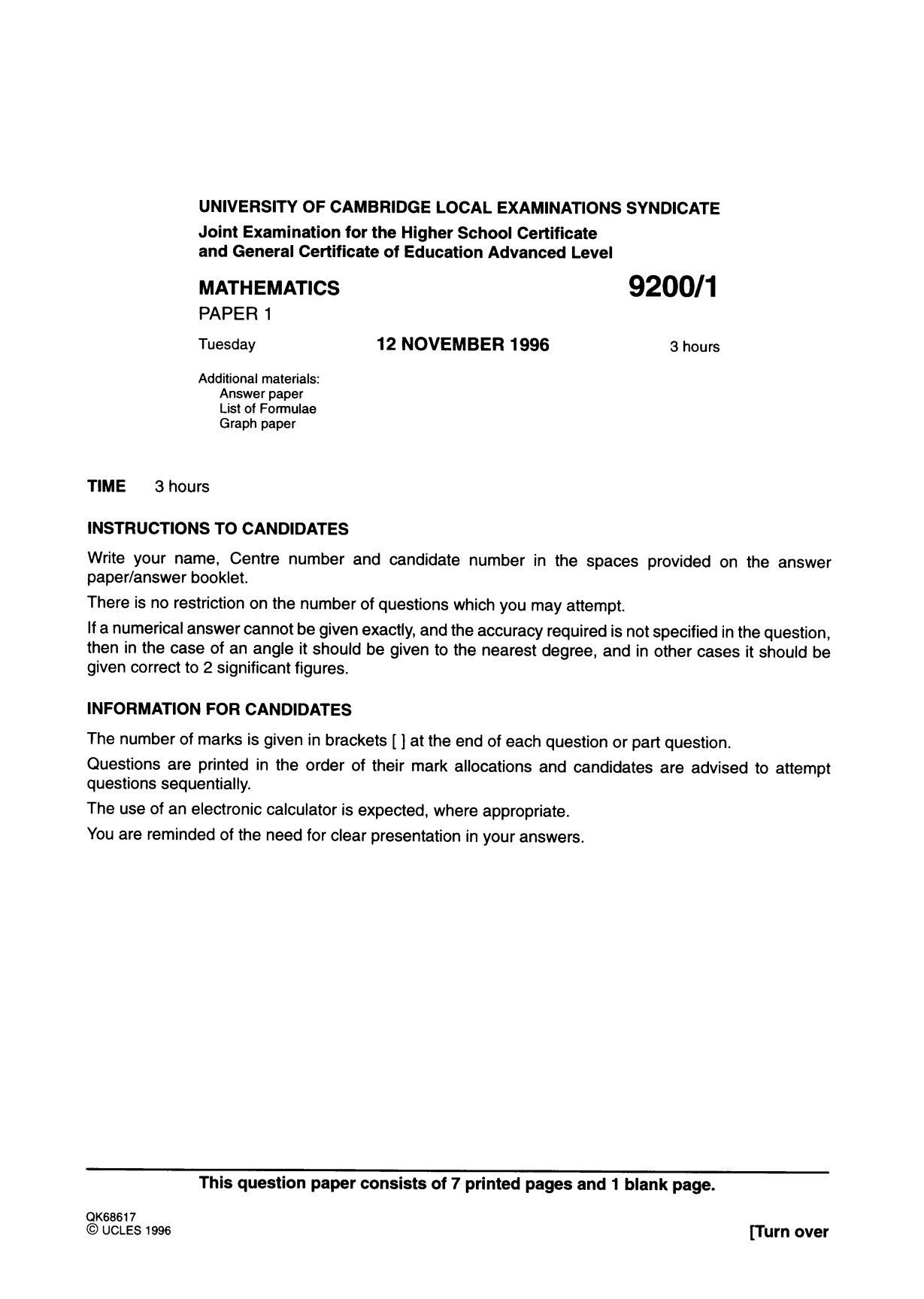 First page of Cambridge A-Level Mathematics Paper 1 November 1996 Question Paper