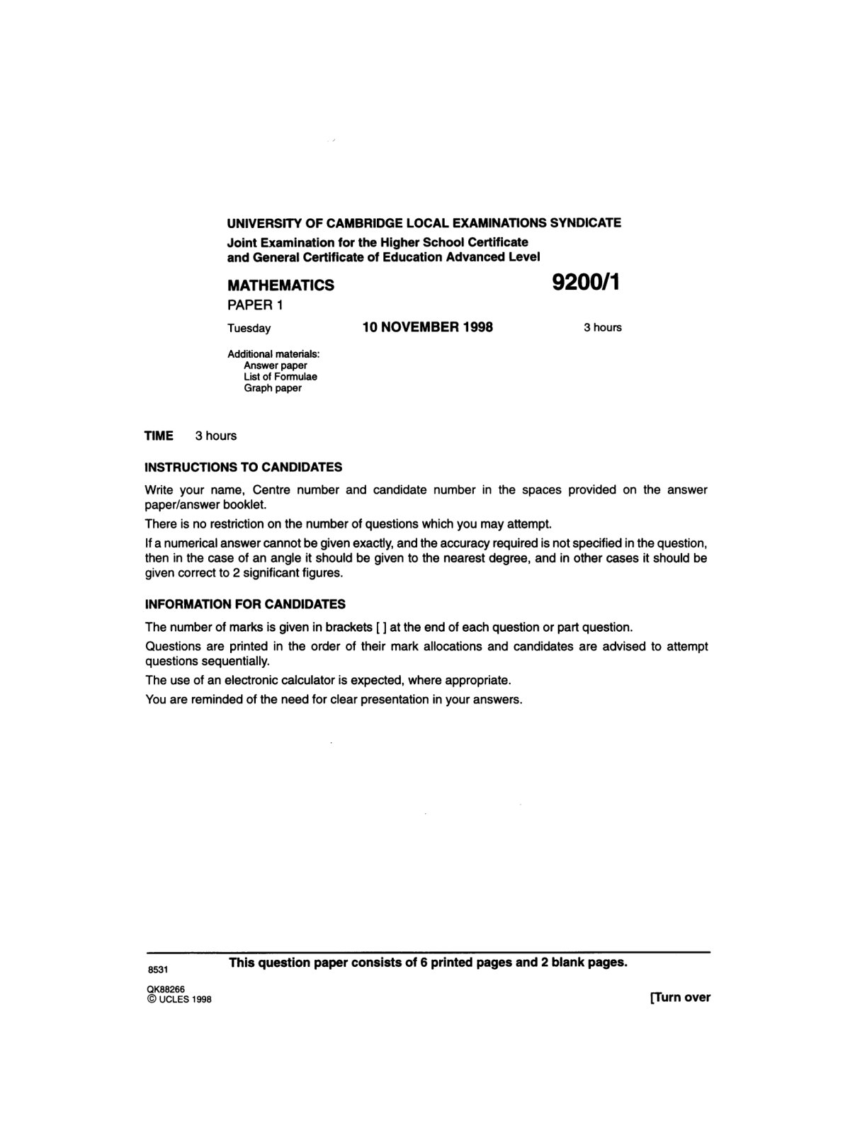 First page of Cambridge A-Level Mathematics Paper 1 November 1998 Question Paper