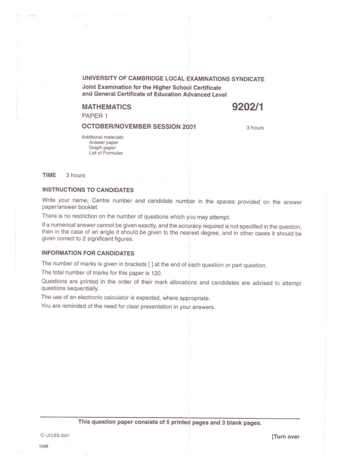 First page of Cambridge A-Level Mathematics Paper 1 October/November 2001 Question Paper