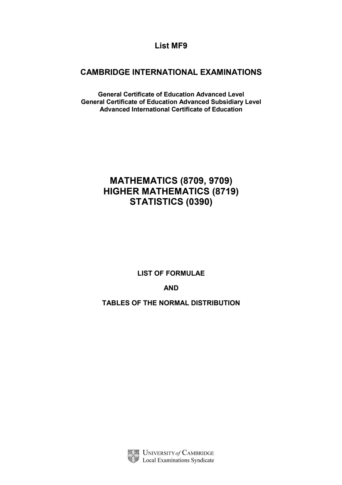 First page of Cambridge A-Level Mathematics Study Guide