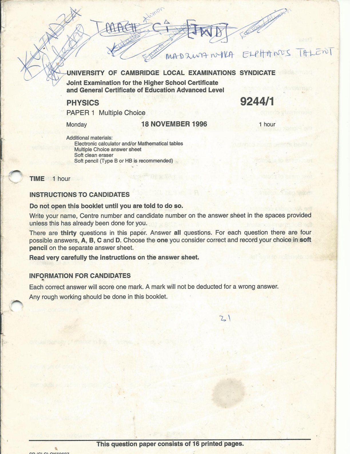 First page of Cambridge A-Level Physics Paper 1 November 1996 Question Paper