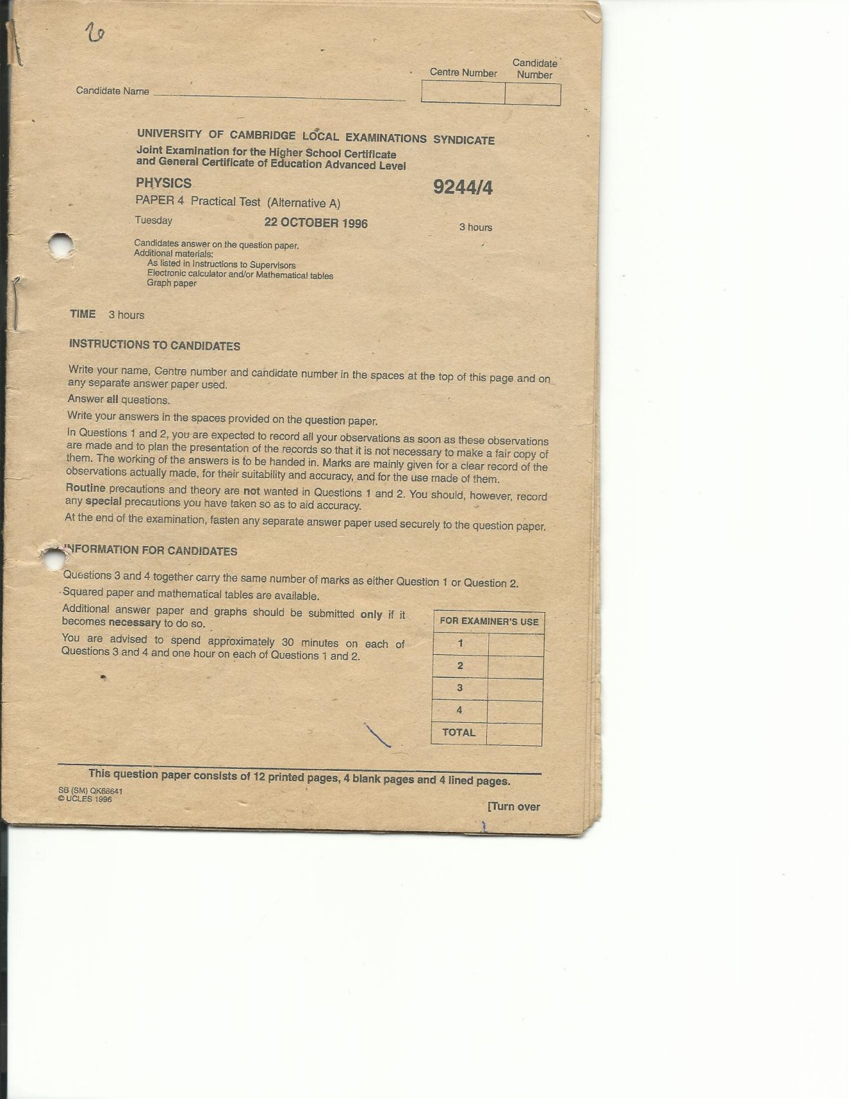 First page of Cambridge A-Level Physics Paper 4 October 1996 Question Paper
