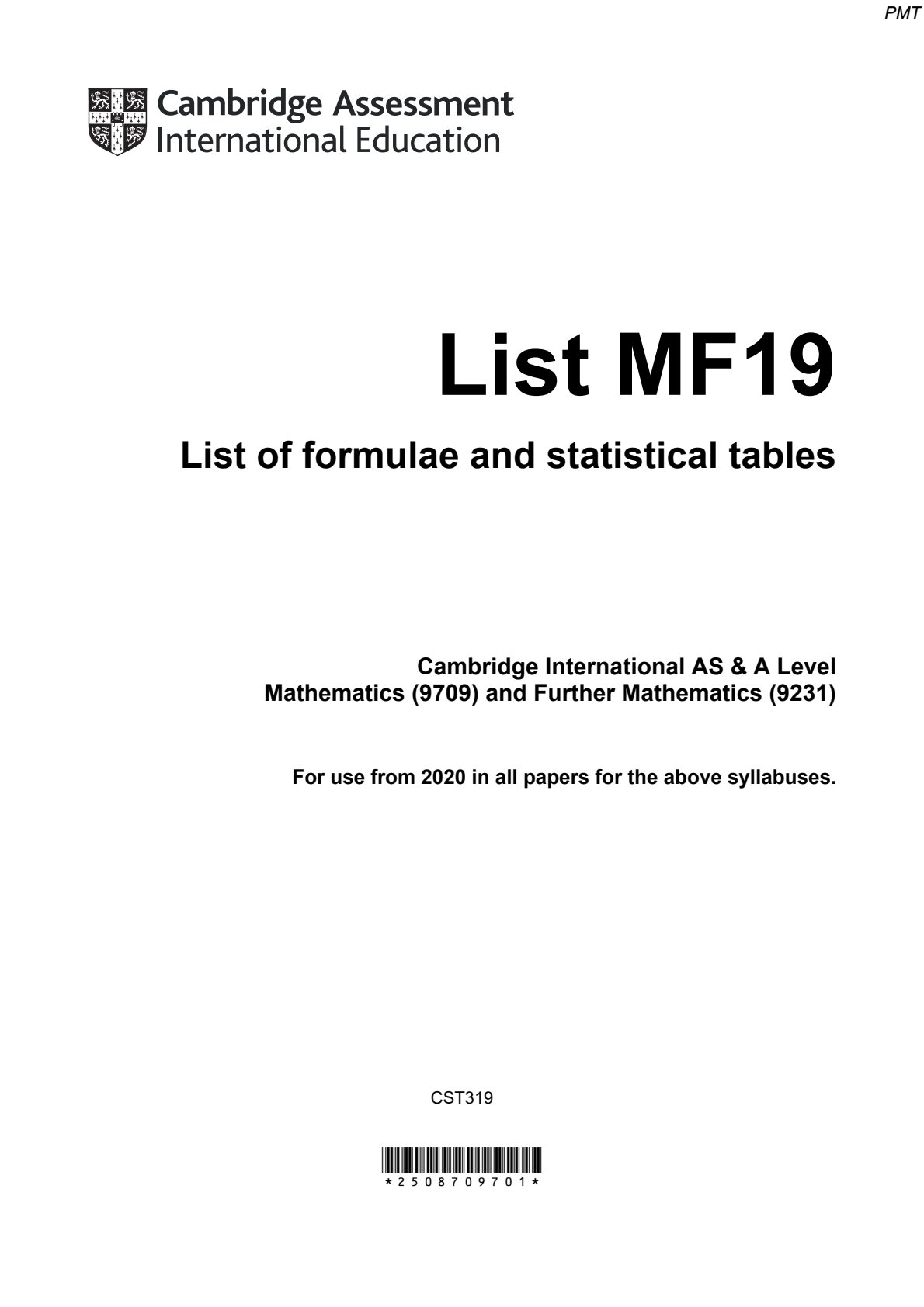 First page of Cambridge Assessment International Education A-Level Mathematics 2020 Study Guide