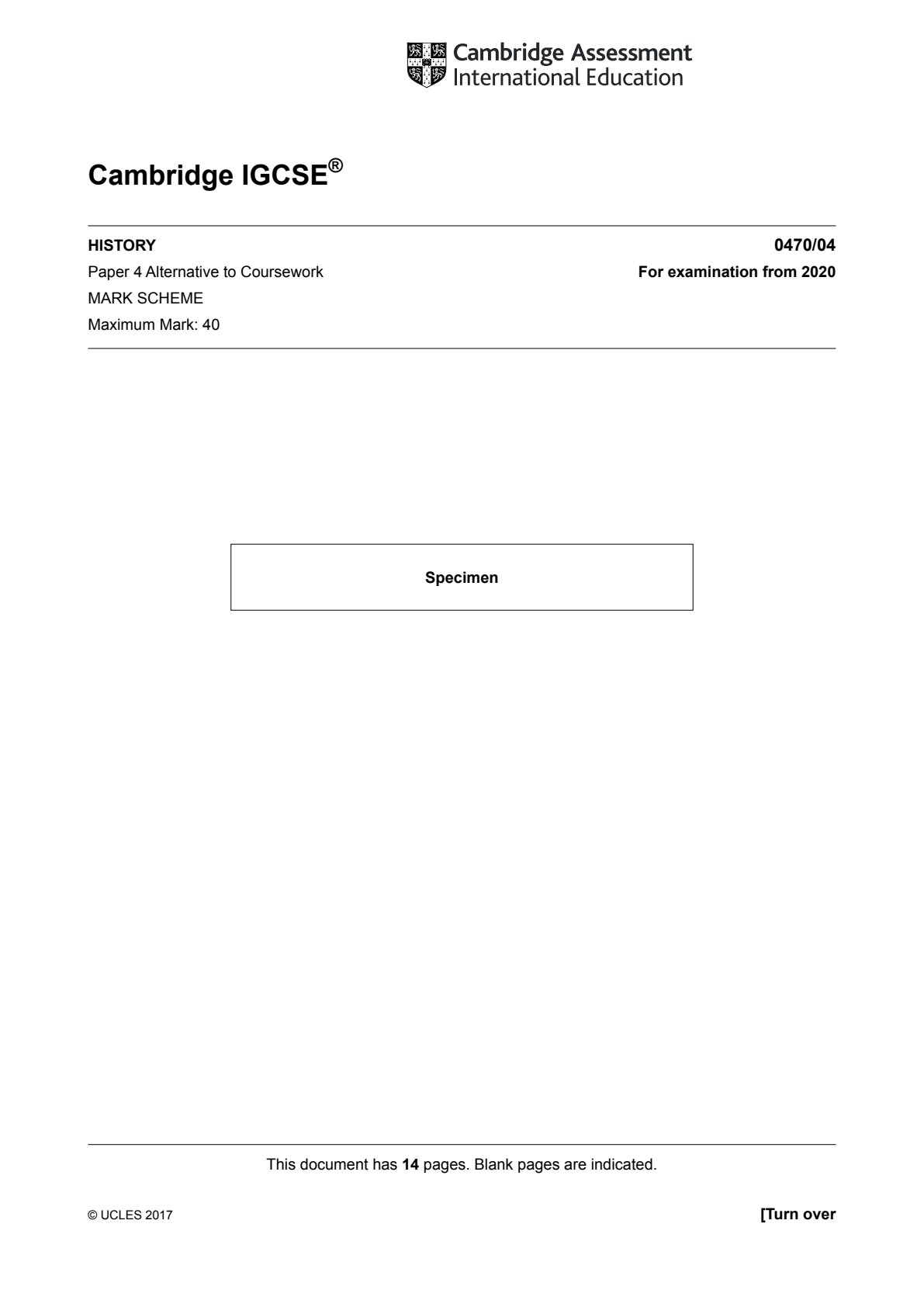 First page of Cambridge Assessment International Education IGCSE History Paper 4 Specimen 2020 Marking Scheme