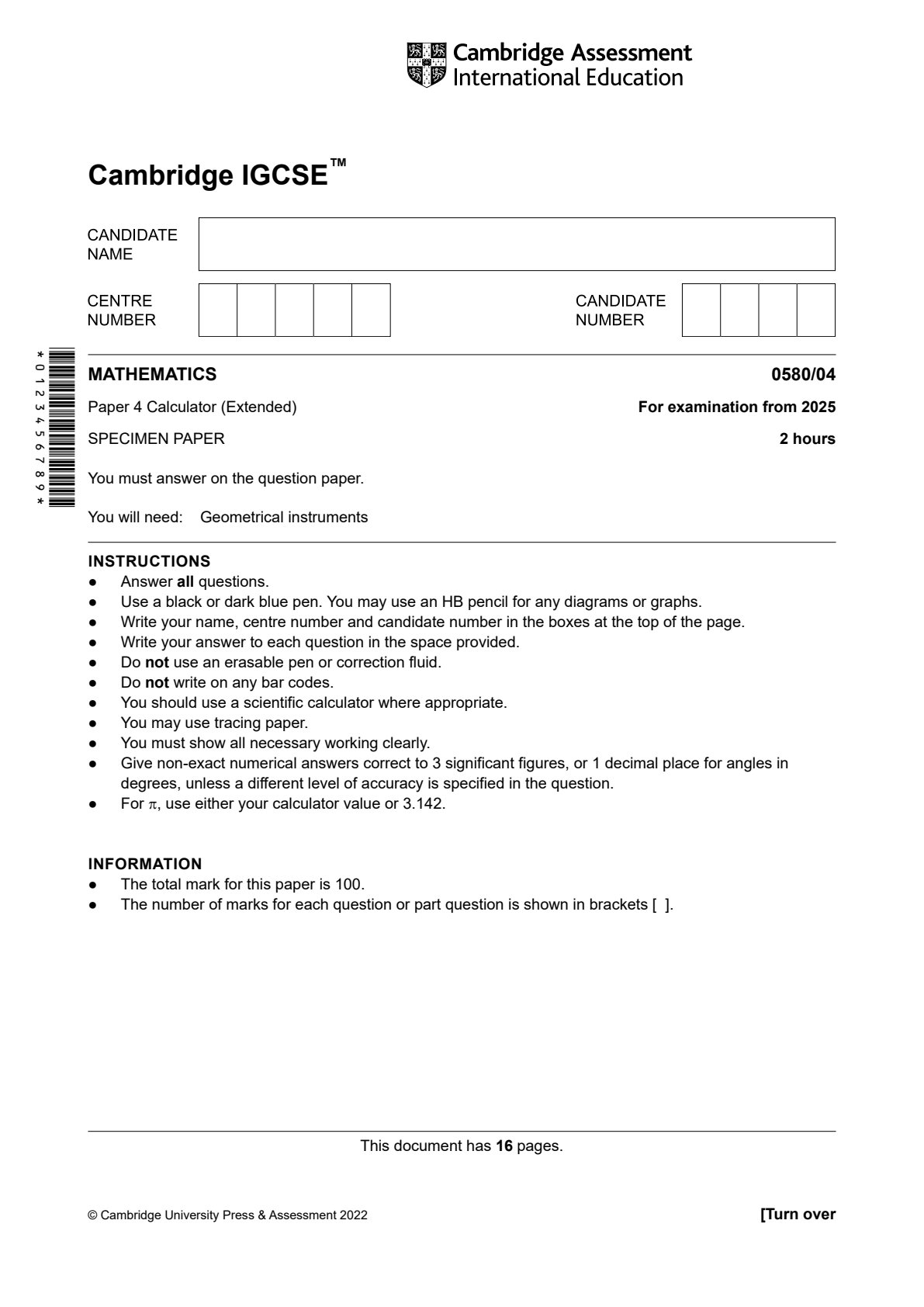 First page of Cambridge Assessment International Education IGCSE Mathematics Paper 4 2025 Question Paper