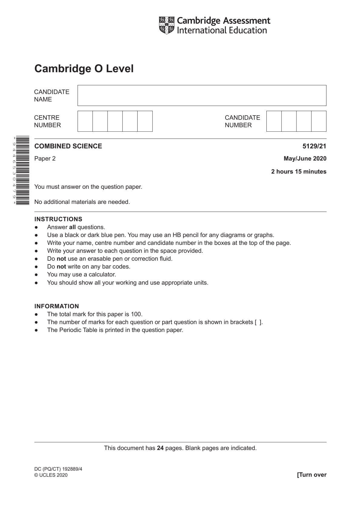 First page of Cambridge Assessment International Education O-Level Combined Science Paper 2 May/June 2020 Question Paper