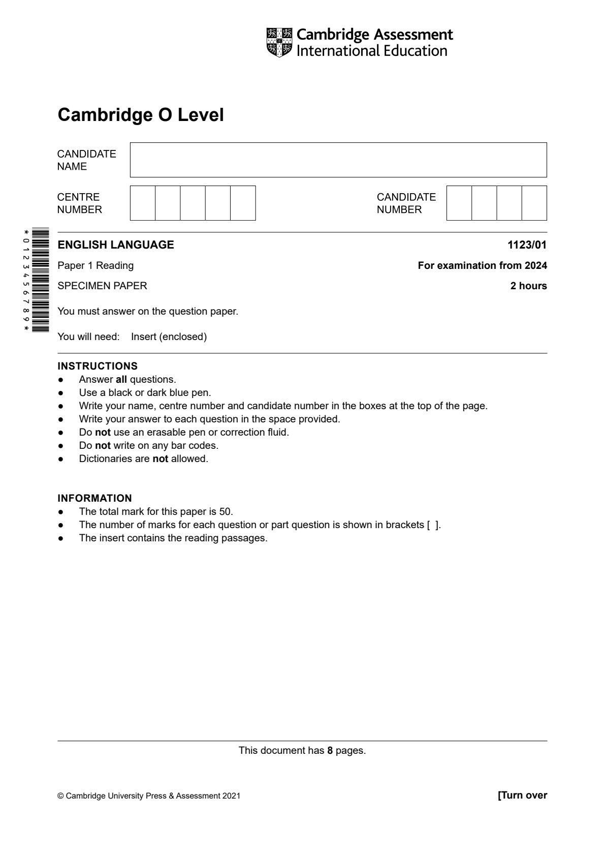 First page of Cambridge Assessment International Education O-Level English Language Paper 1 2024 Question Paper