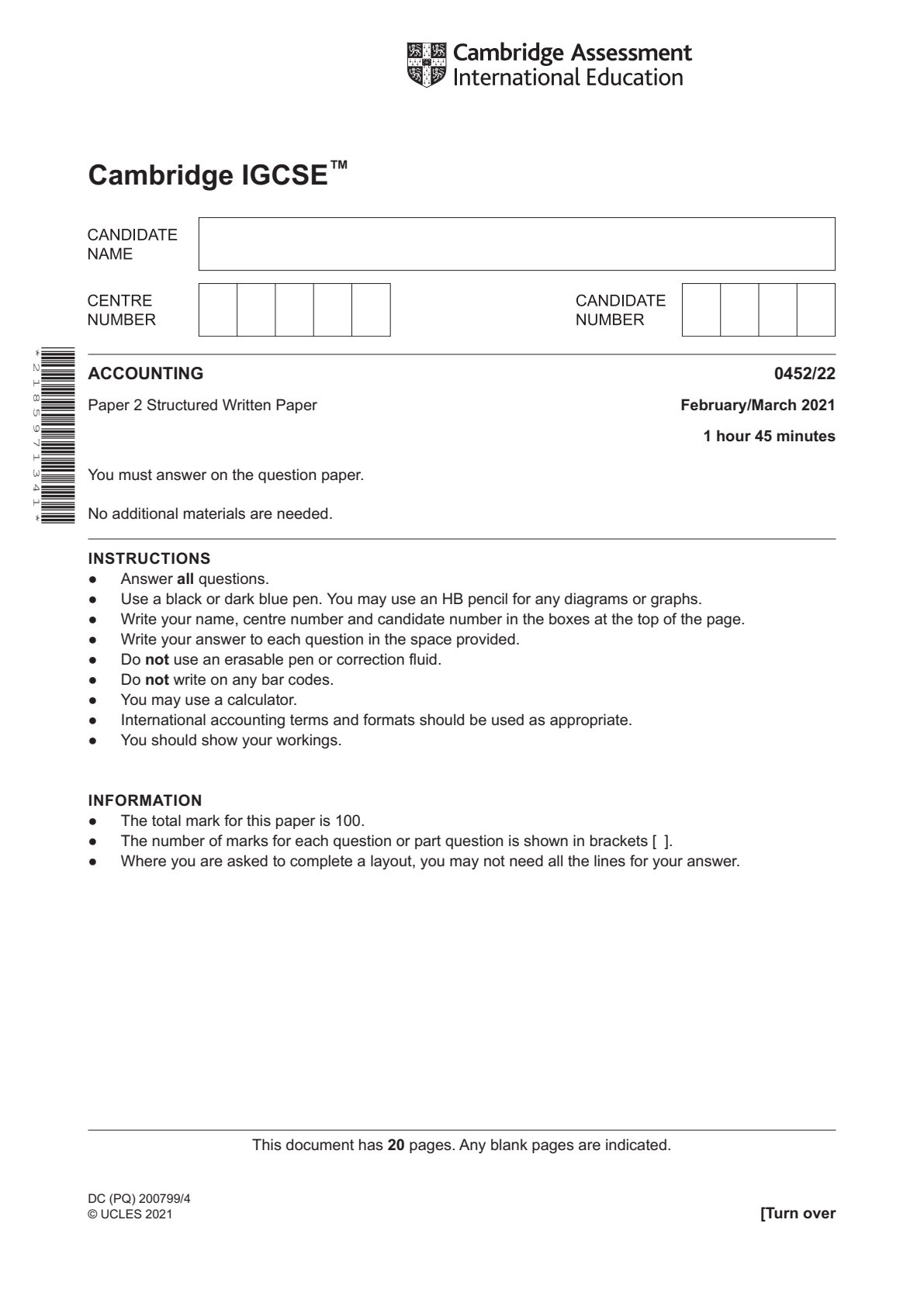 First page of Cambridge IGCSE Principles of Accounts Paper 2 February/March 2021 Question Paper