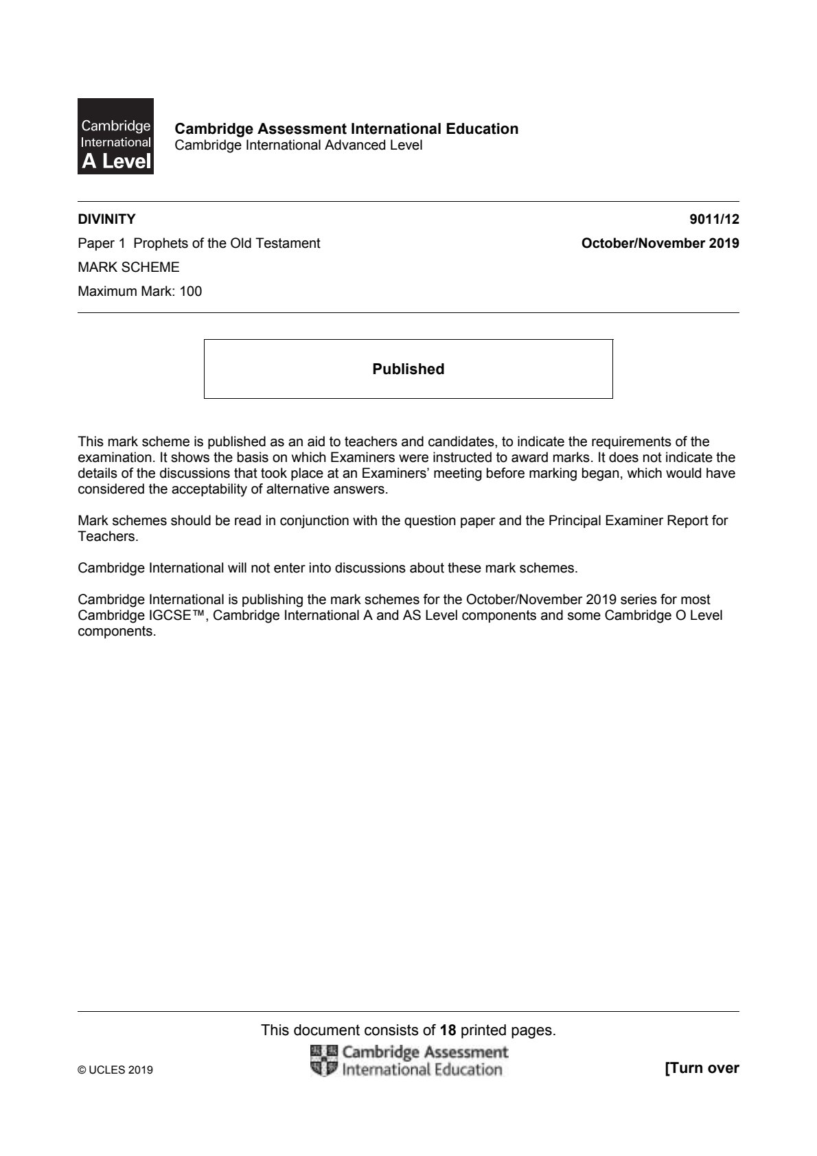 First page of Cambridge International A-Level Divinity Paper 1 October/November 2019 Marking Scheme