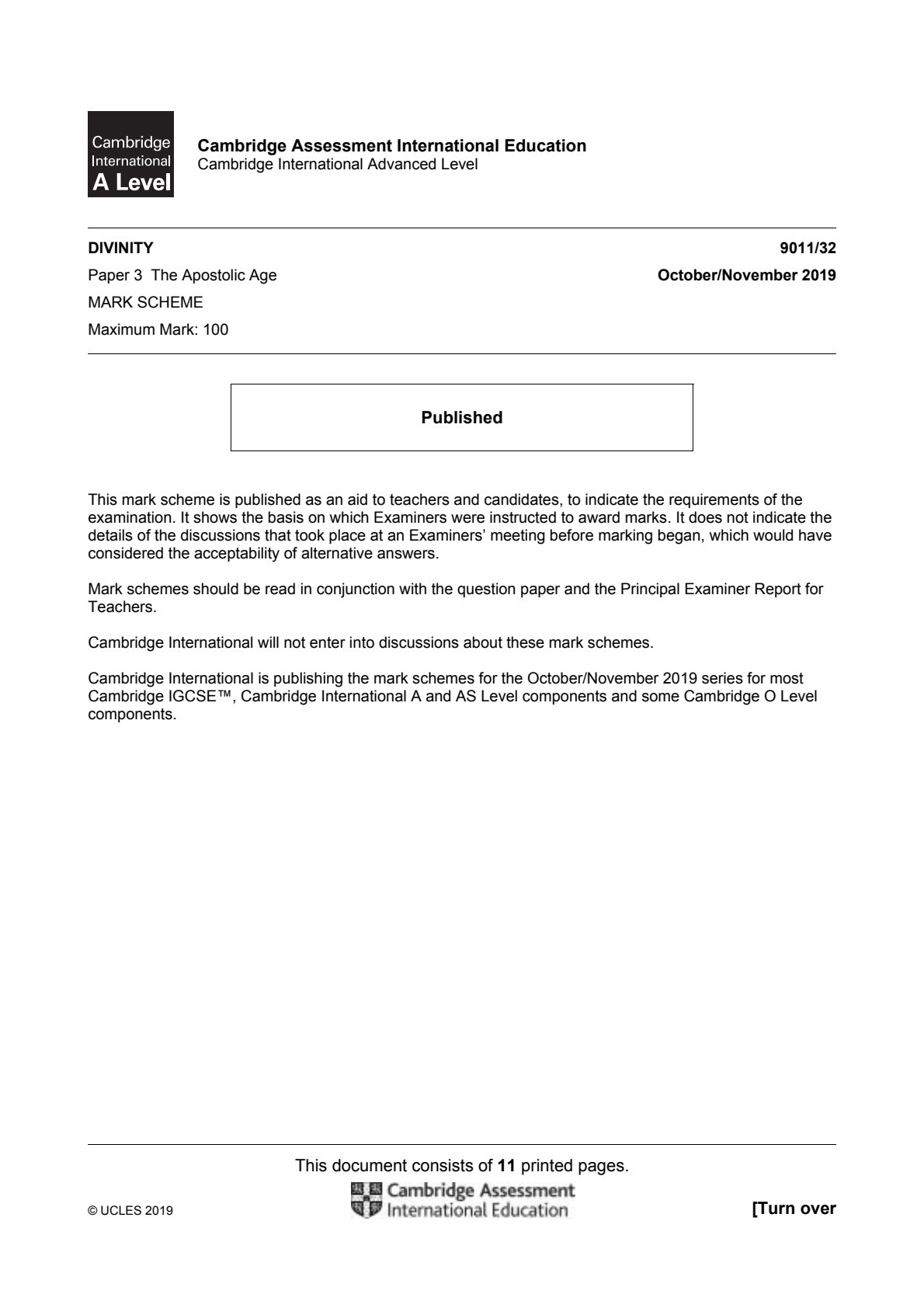 First page of Cambridge International A-Level Divinity Paper 3 October/November 2019 Marking Scheme