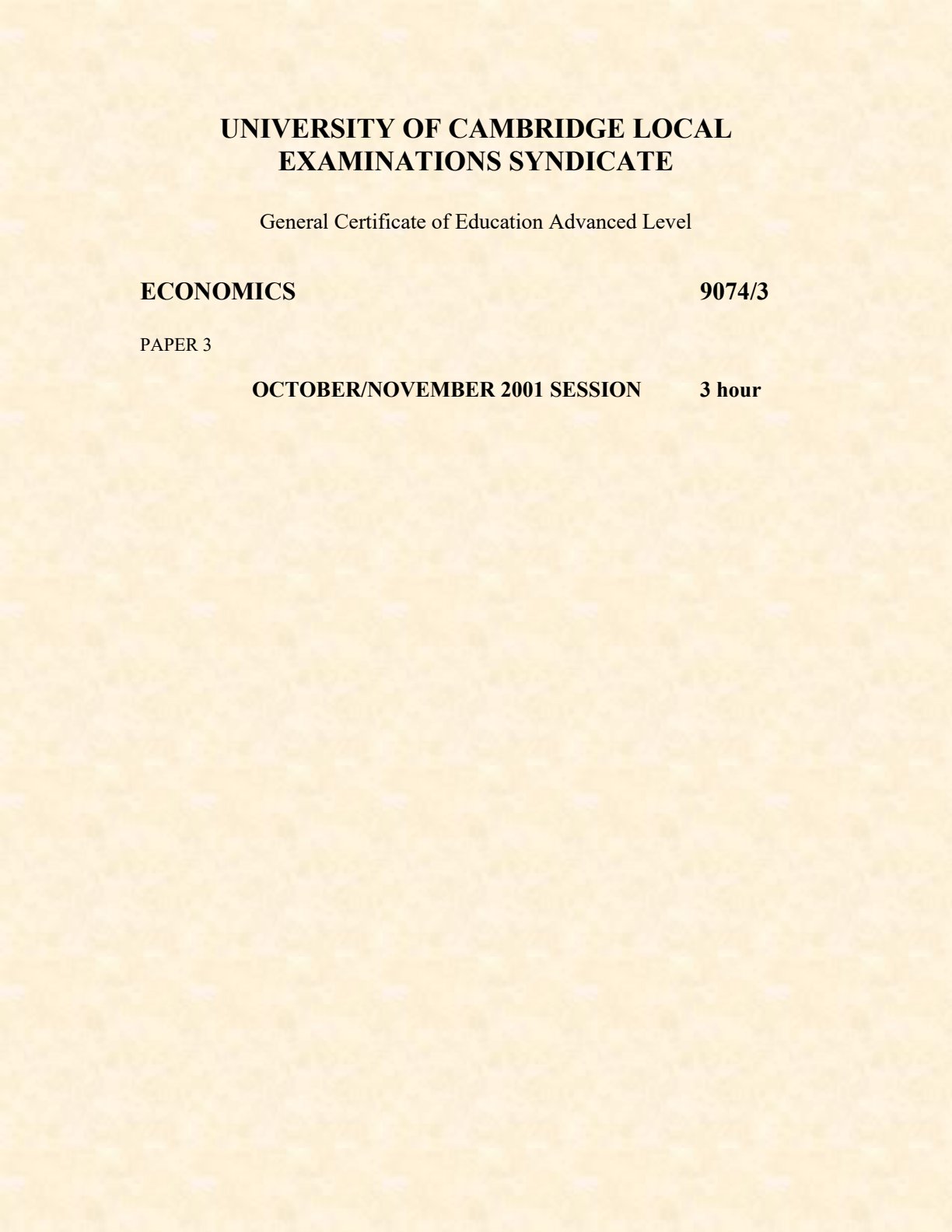 First page of Cambridge International A-Level Economics Paper 3 October/November 2001 Question Paper