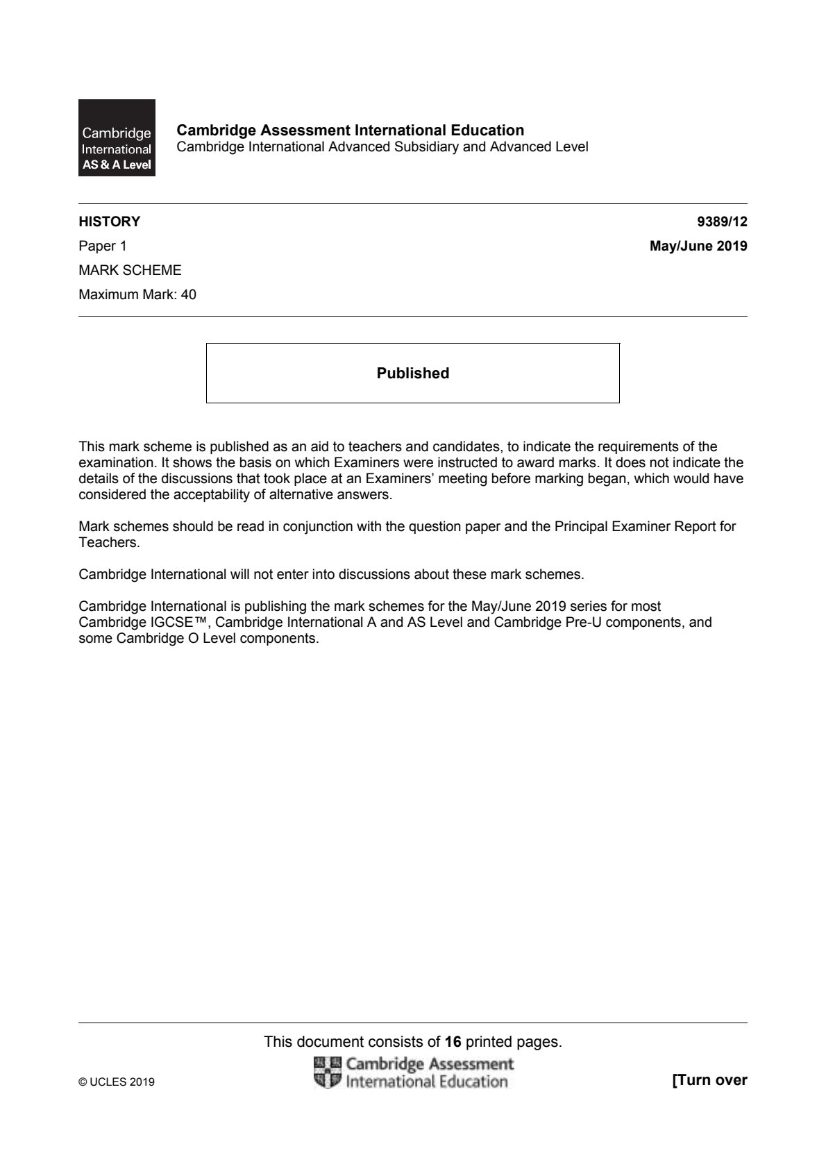 First page of Cambridge International A-Level History Paper 1 May/June 2019 Marking Scheme