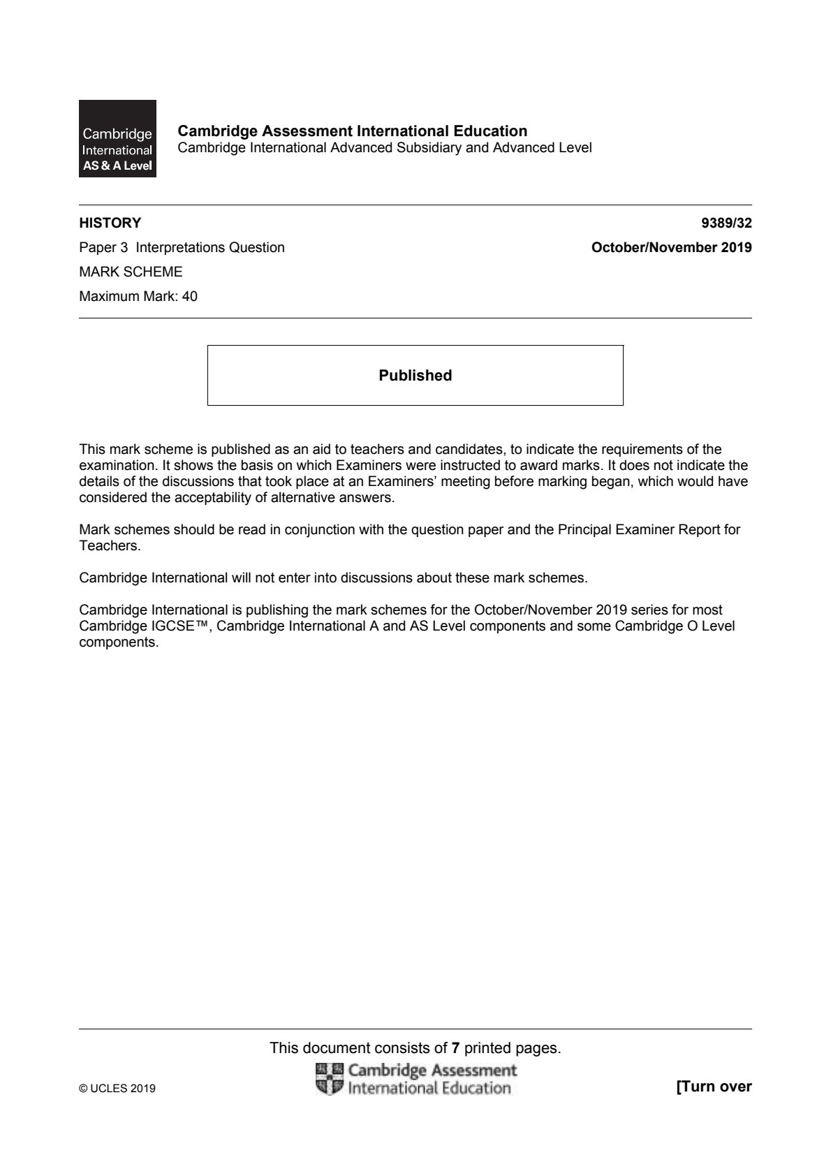 First page of Cambridge International A-Level History Paper 3 October/November 2019 Marking Scheme