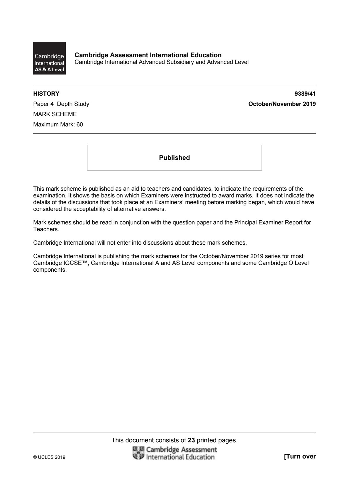 First page of Cambridge International A-Level History Paper 4 October/November 2019 Marking Scheme