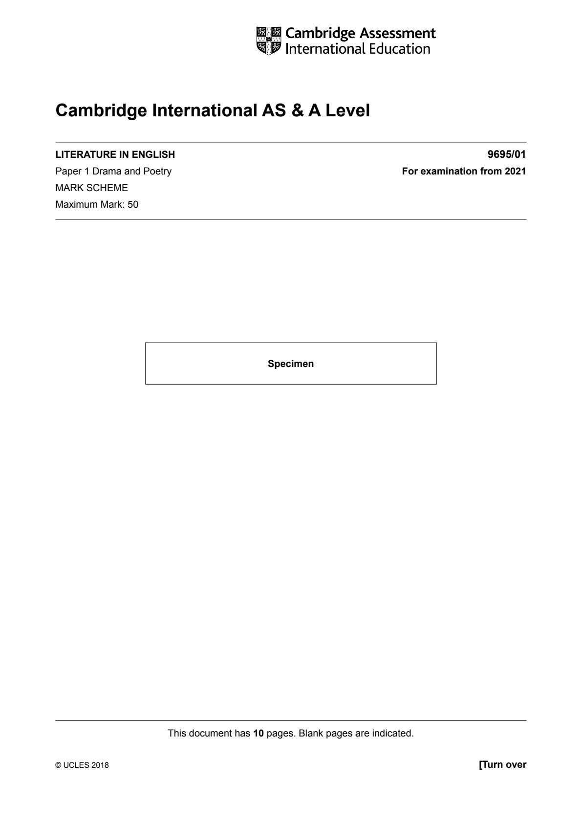 First page of Cambridge International A-Level Literature in English Paper 1 2021 Marking Scheme