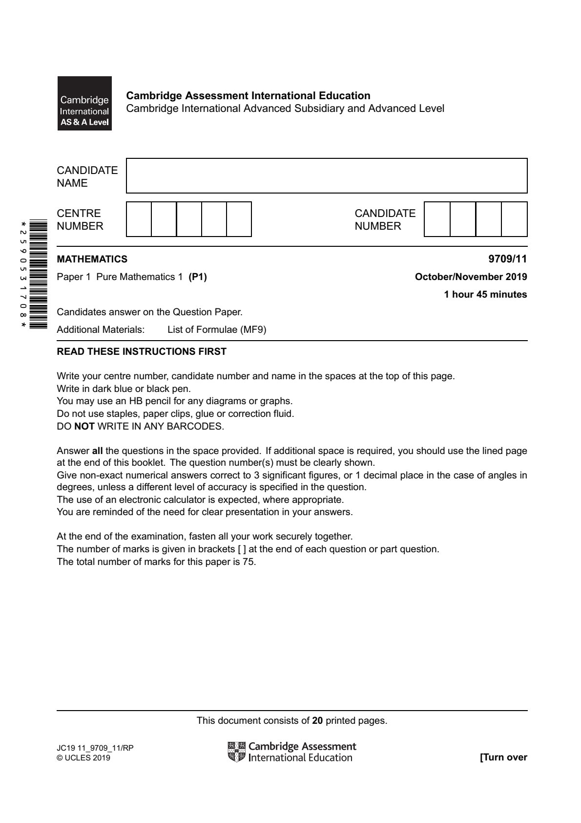 First page of Cambridge International A-Level Mathematics Paper 1 October/November 2019 Question Paper