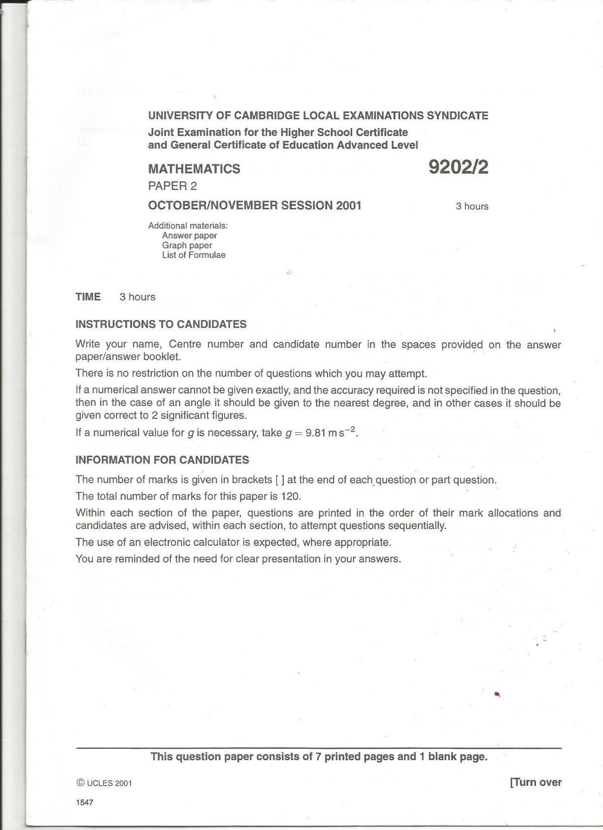 First page of Cambridge International A-Level Mathematics Paper 2 October/November 2001 Question Paper
