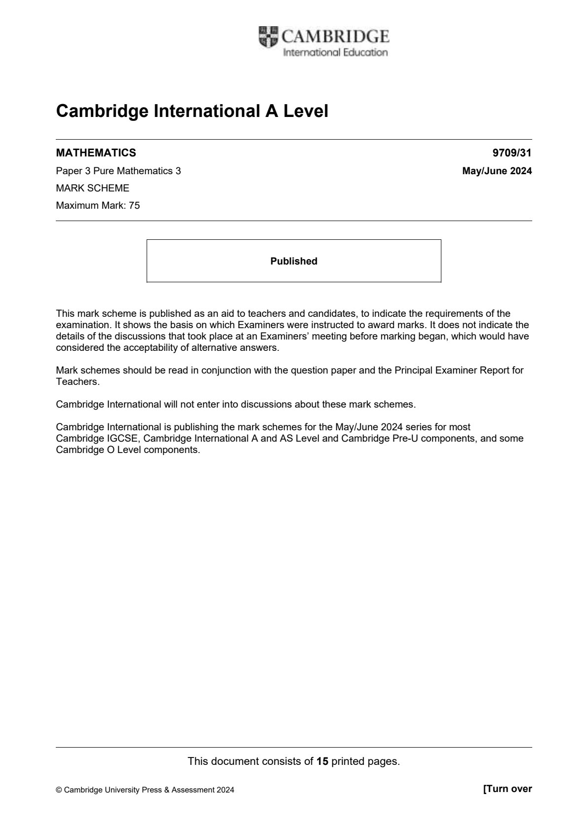 First page of Cambridge International A-Level Mathematics Paper 3 May/June 2024 Marking Scheme