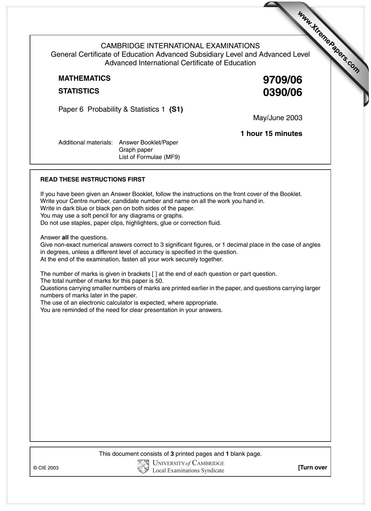 First page of Cambridge International A-Level Mathematics Paper 6 May/June 2003 Question Paper