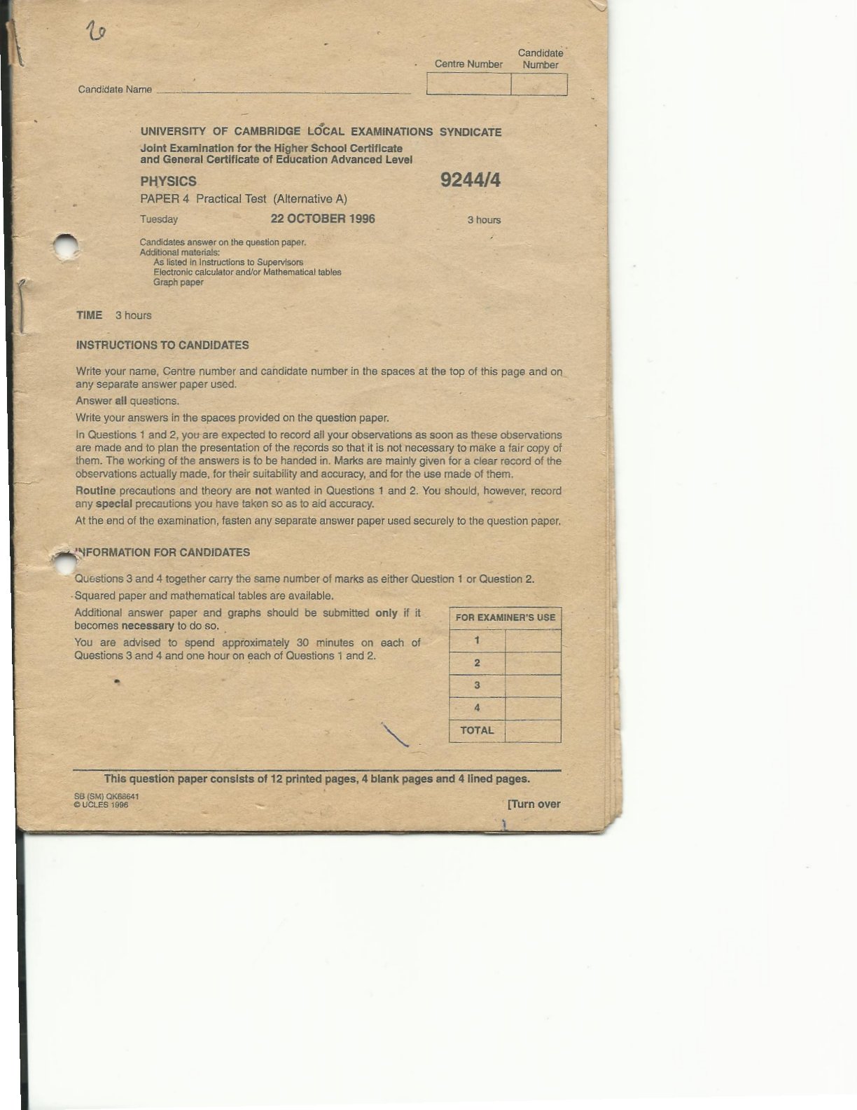 First page of Cambridge International A-Level Physics Paper 4 October 1996 Question Paper