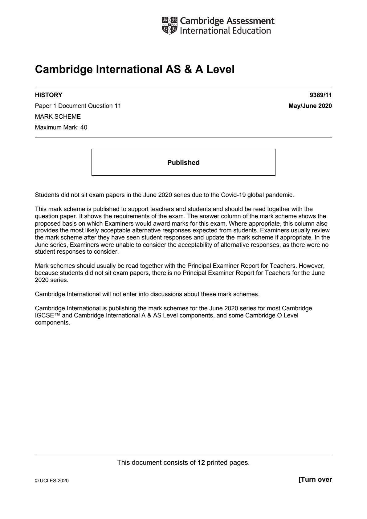 First page of Cambridge International AS & A Level History Paper 1 May/June 2020 Marking Scheme